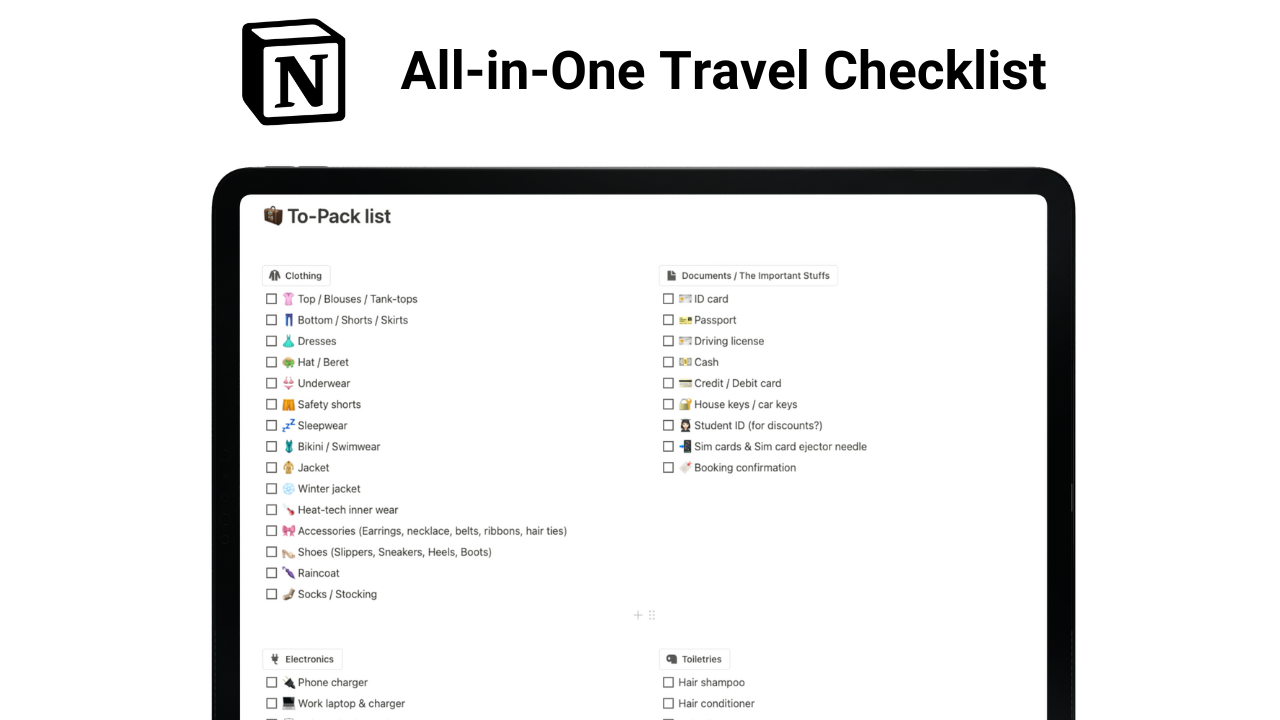 Stay organized for all your upcoming trips: Track your pre-travel to-dos and packing lists efficiently so you won't need to worry about forgetting something on your trip.