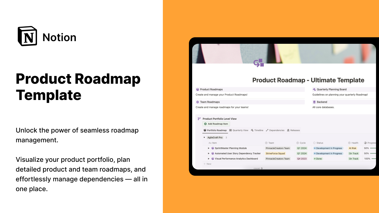 Unlock the power of seamless roadmap management with my new Notion template. Visualize your product portfolio, plan detailed product and team roadmaps, and effortlessly manage dependencies—all in one place.