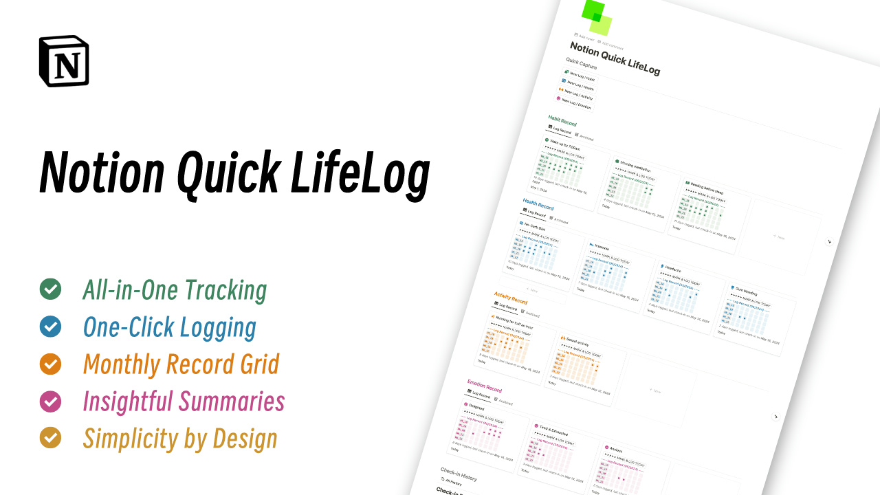 The Quick LifeLog Template makes daily tracking effortless. Whether documenting insomnia episodes or language practice days, this template simplifies the process, and it provides comprehensive and dynamic grid views, ensuring data readability. 