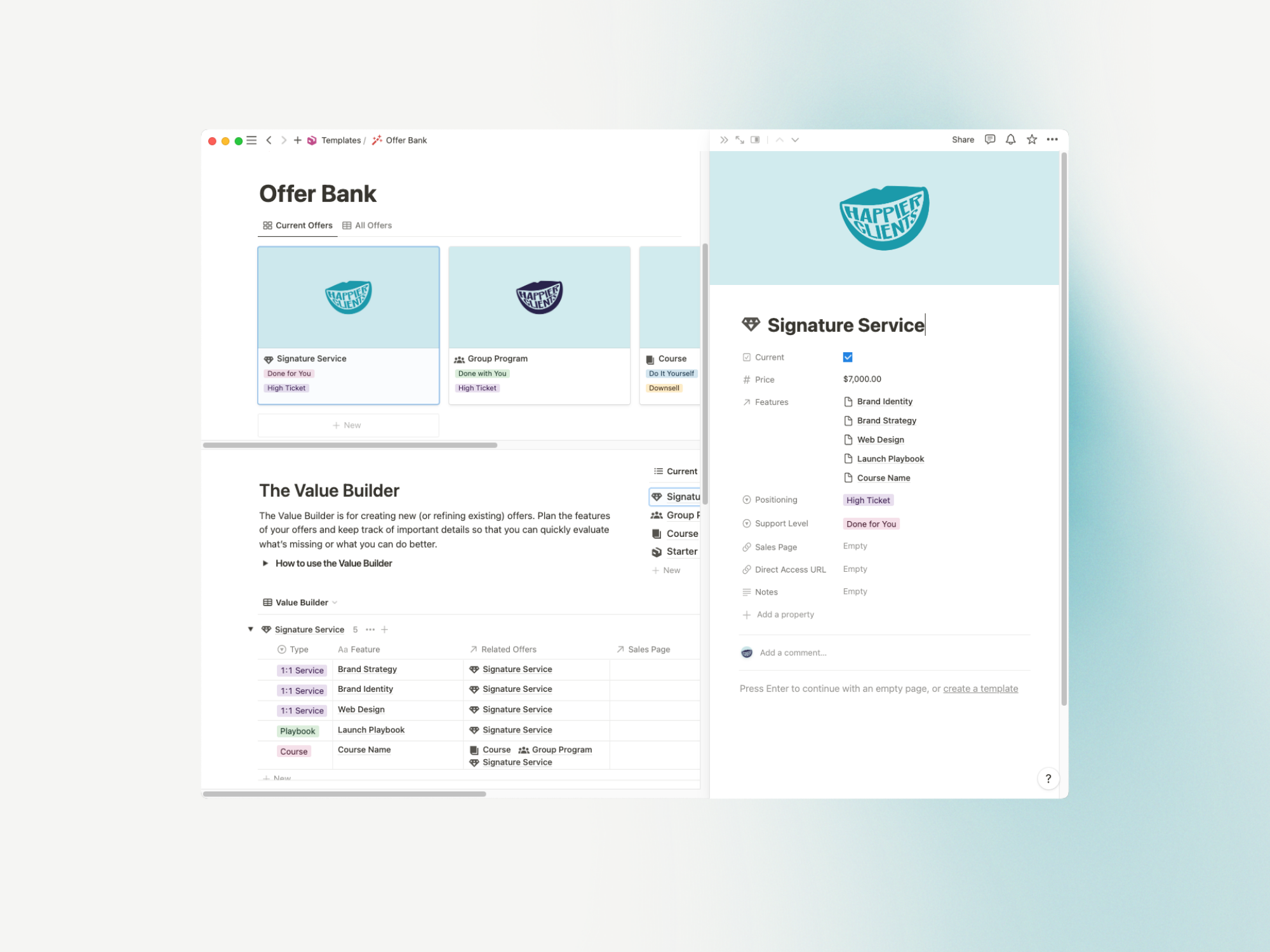 Create a Signature Service with Complementary Offers to streamline and scale your creative business without sacrificing time with this Offer Builder template.