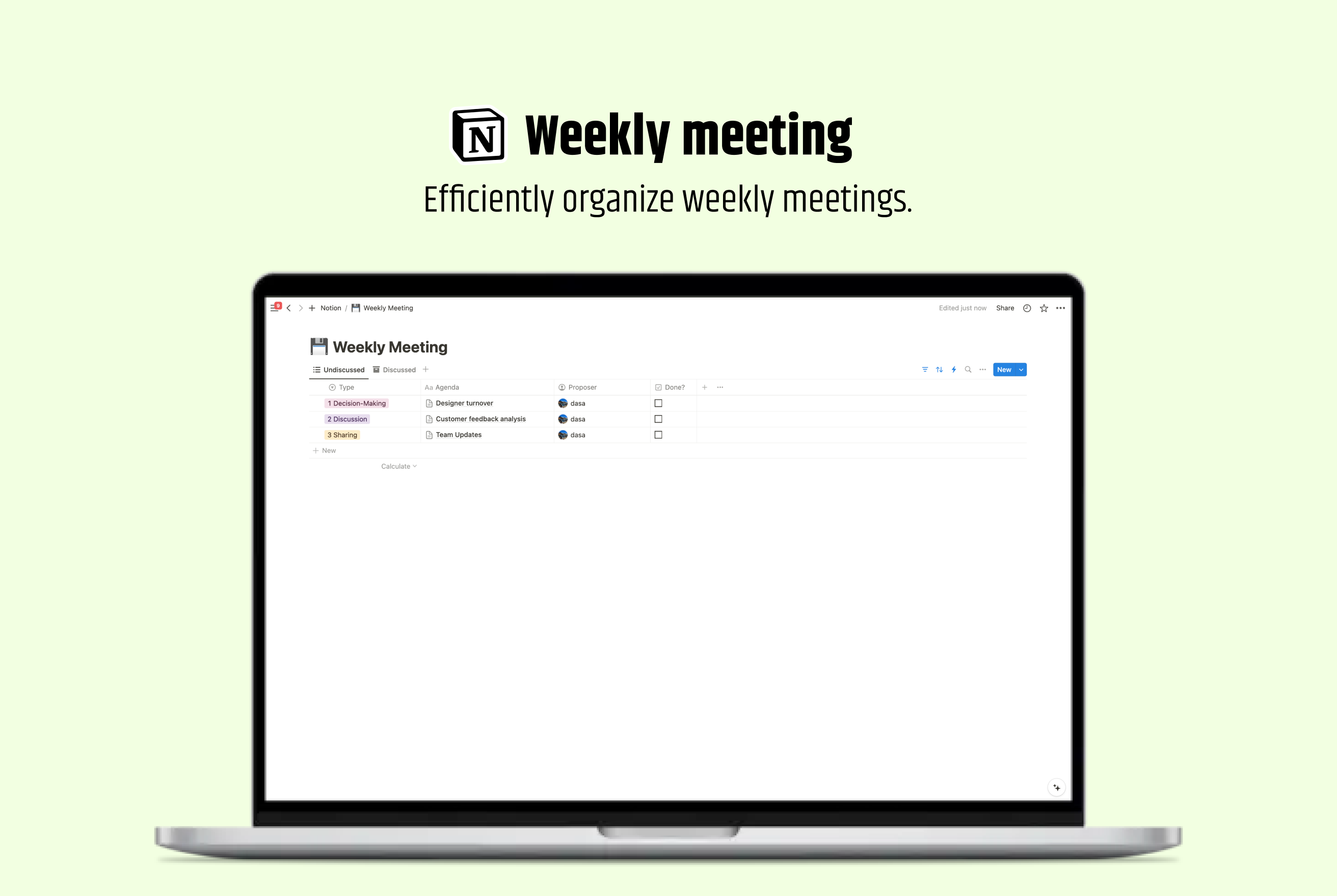 This template is designed for weekly meetings. It allows you to easily prepare agendas and efficiently organize weekly meetings. You can quickly grasp and manage previously discussed agendas at a glance.