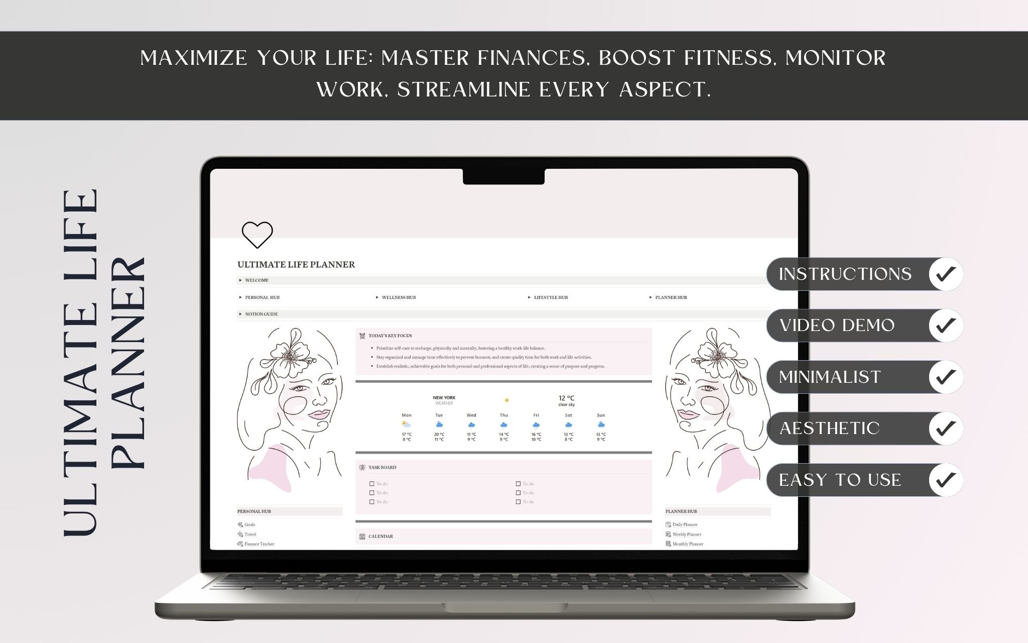 Introducing our Pink & Mocha Minimalist Aesthetic Notion Template Life Planner - your gateway to a seamlessly organized and stylish life. With its serene hues and meticulously crafted layouts, this planner is designed to elevate your productivity while delighting your senses.