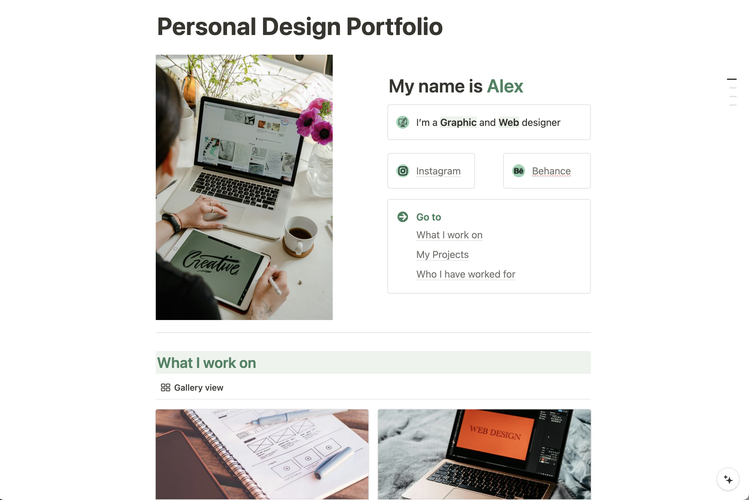 Create a stunning personal design portfolio with this Notion template. Highlight your expertise, showcase projects with images and descriptions, and list notable clients. Include links to your social media, contact information, and a brief bio to give a comprehensive view of your