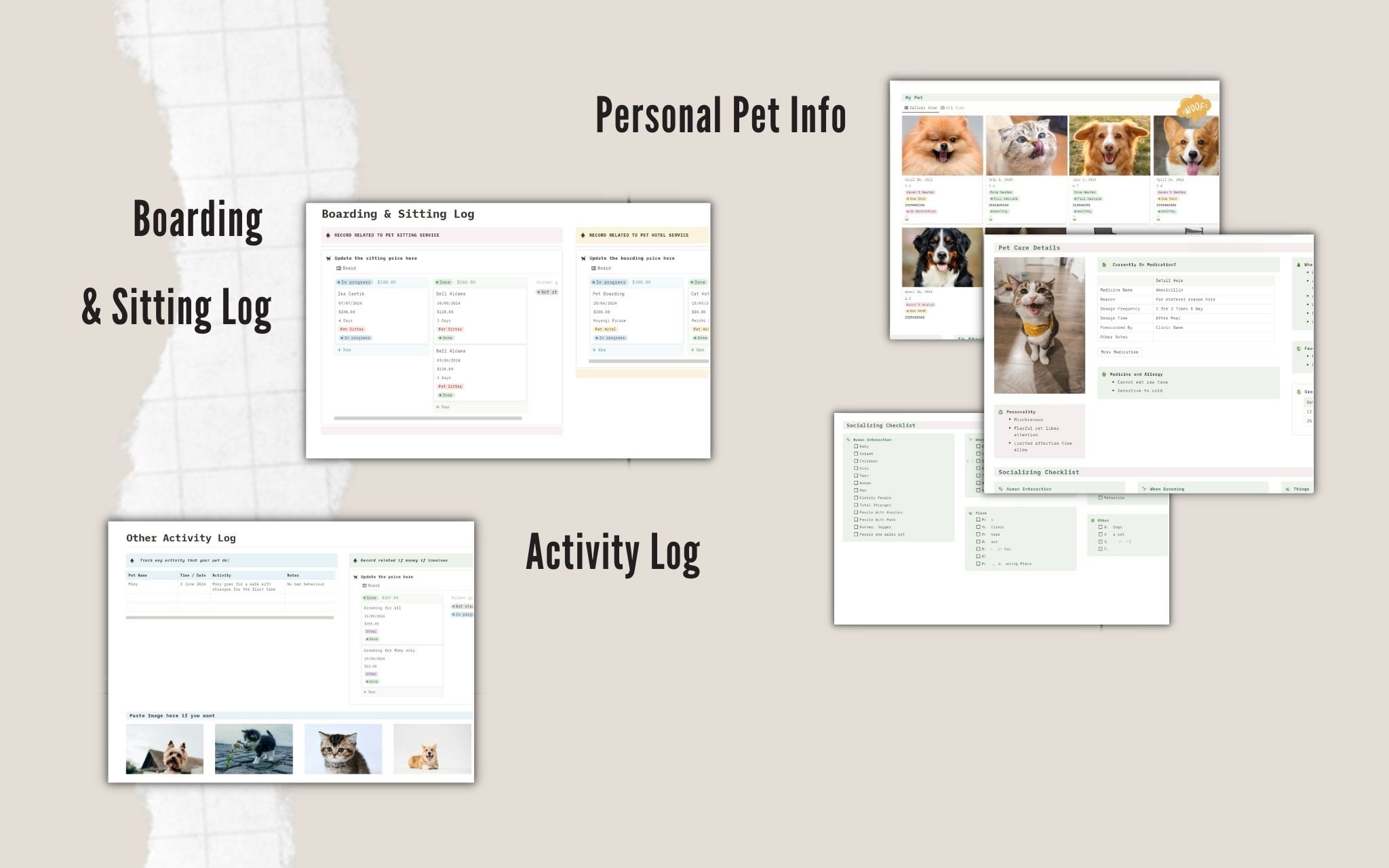 Your one-stop solution for organizing and managing every aspect of your pet's care for example tracking veterinary visits, medical records, dietary needs, physical activities, grooming schedules, and behavioral logs.