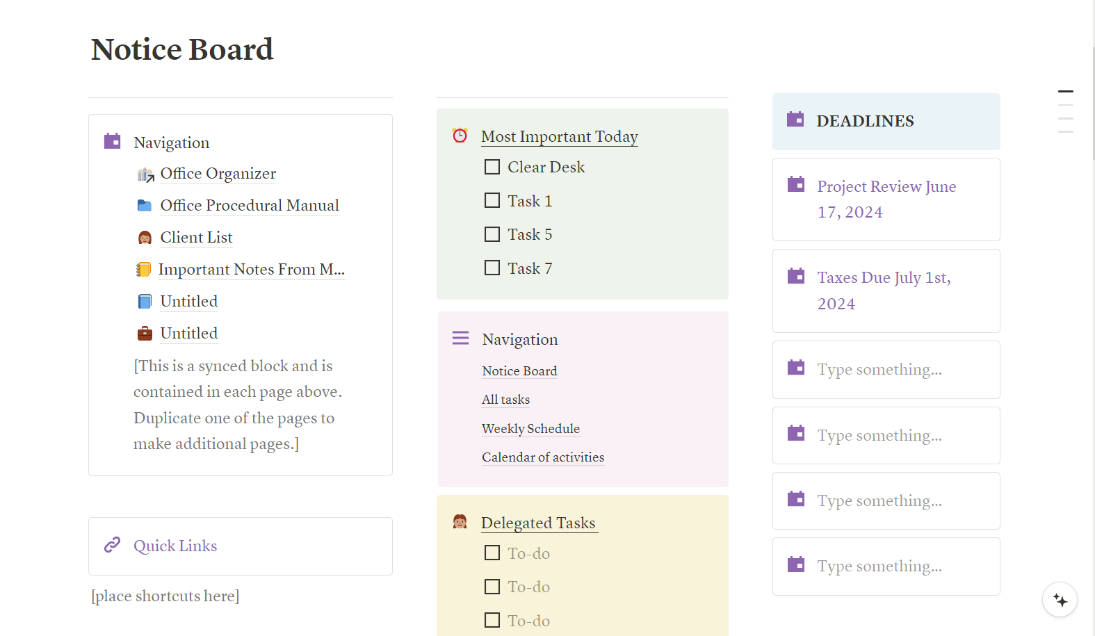 This template will help you to keep track of your most important tasks at a glance. You can also keep track of all your other tasks and schedule them into the future using the calendar database.