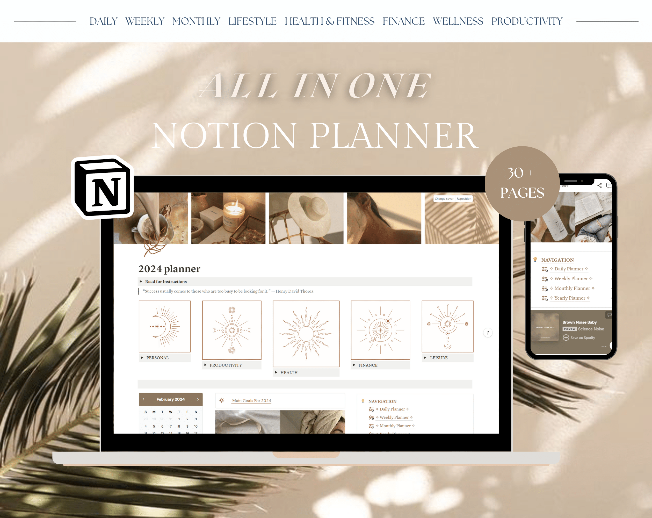 This notion template is your all-in-one life planner and goal tracker. Including the full Ultimate Life Planner 2024 template combined with the 12 Week Year Planner, this notion set is absolutely complete.