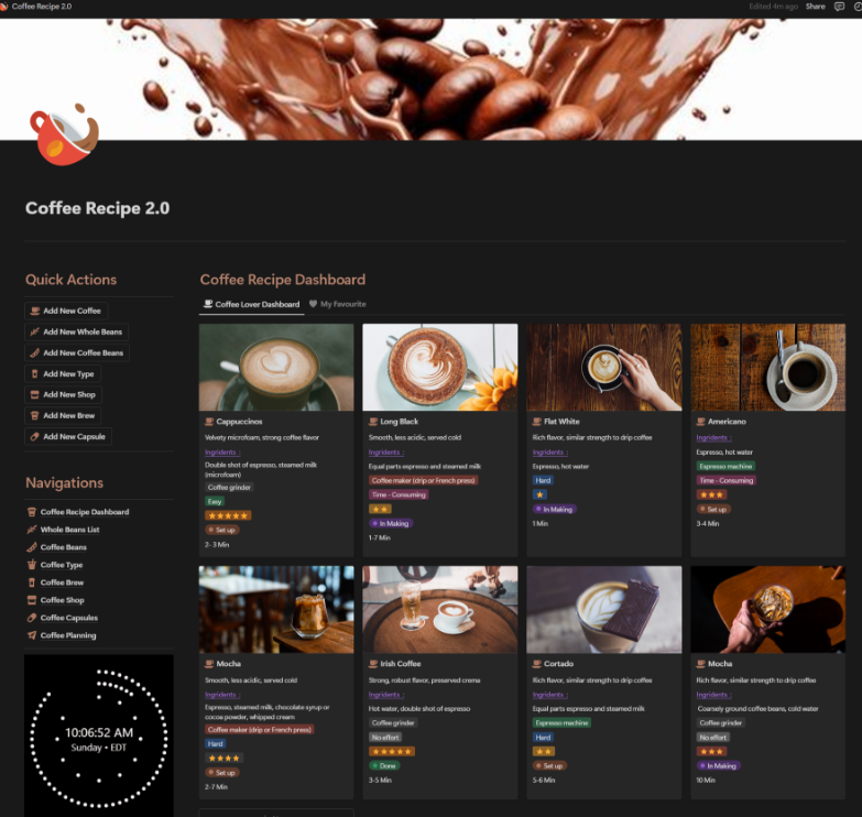 Coffee Dashboard, is the ultimate hub for all things coffee.

Notion dashboard is designed to help you explore and enjoy the world of coffee like never before.

From tracking your favorite blends and roast levels to discovering new brewing methods and recipes, this dashboard has 