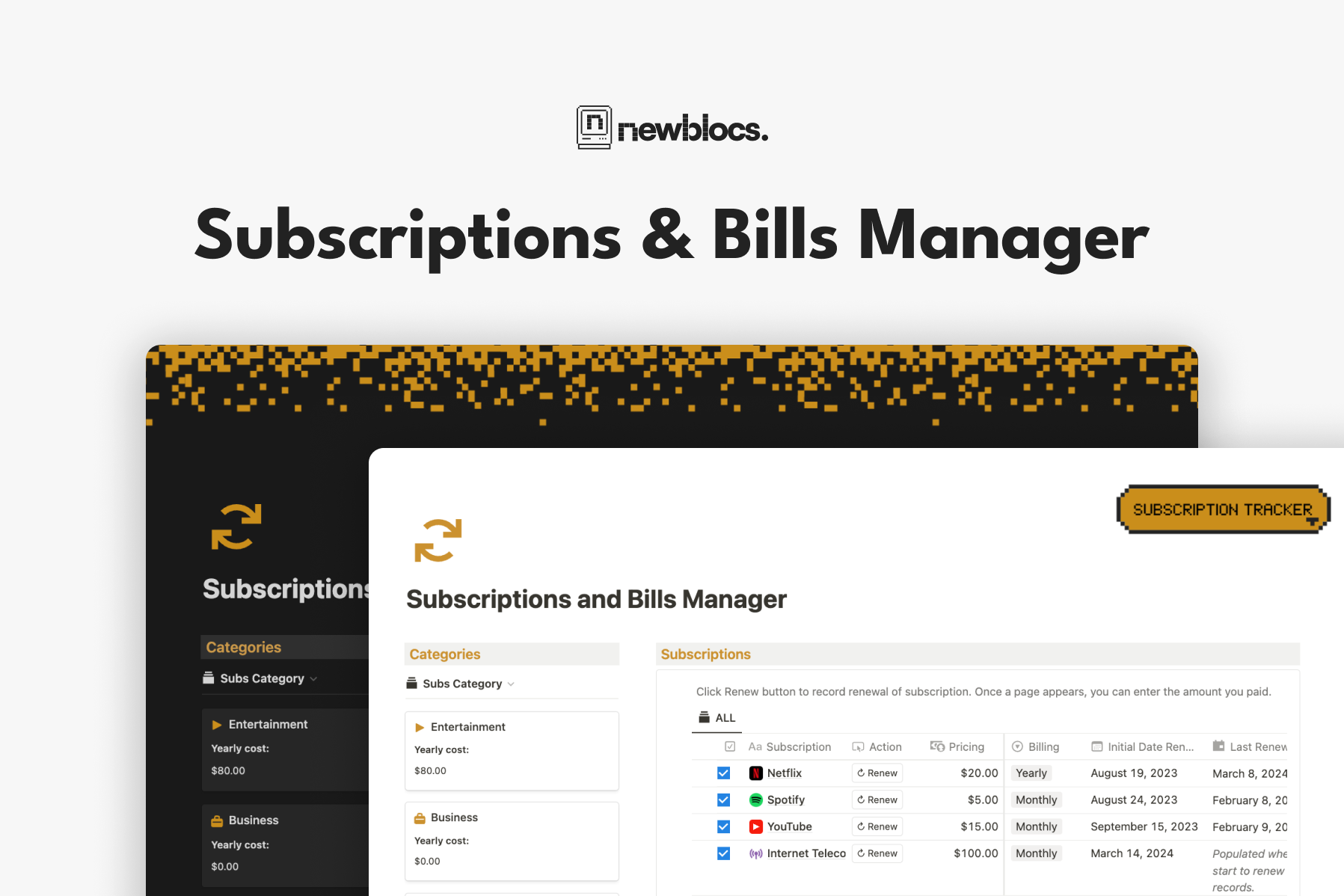 Never Miss a Bill with Subscription and Bills Manager for Notion.

Stop those surprise subscription renewals that leave you scratching your head. This template is the all-in-one solution to simplify your subscription renewals.