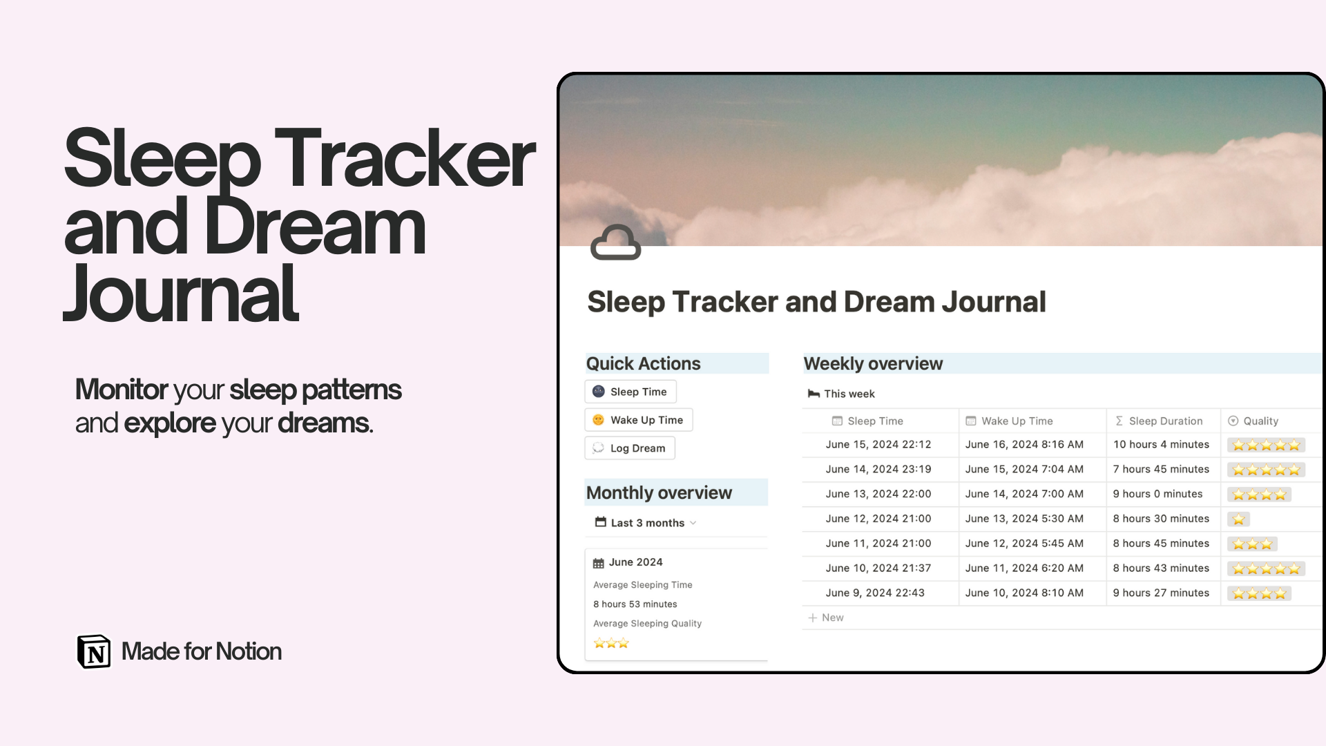 This Sleep Tracker and Dream Journal helps you monitor your sleep patterns and explore your dreams.