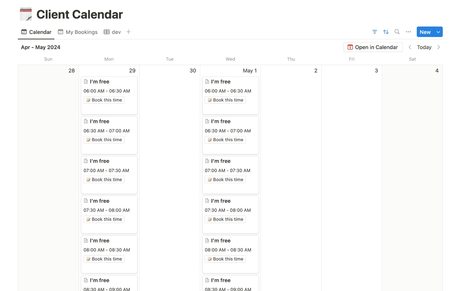 Transform your Notion into a powerful scheduling hub with our template, equivalent to Calendly. Effortlessly allow clients to book meetings directly into your Notion calendar, streamlining your appointment process. It's the ultimate tool for managing your time efficiently.