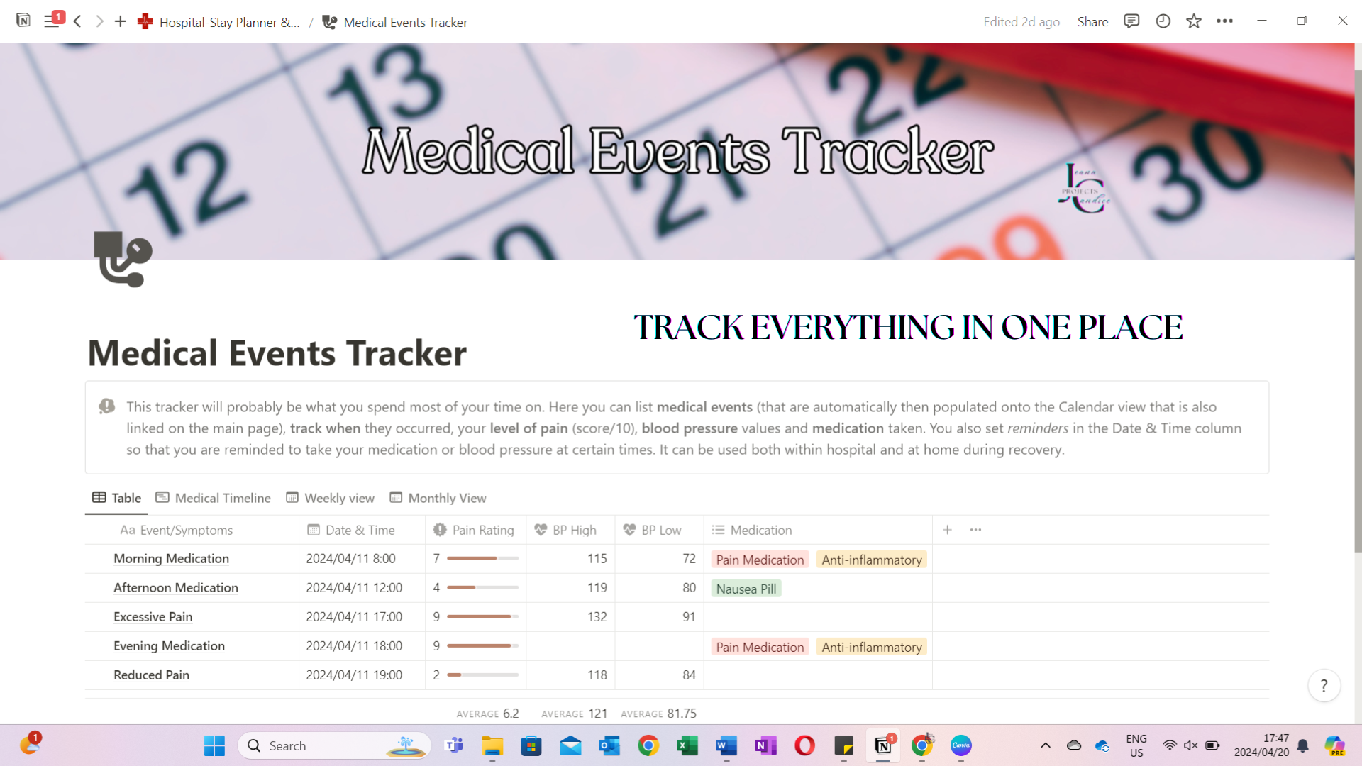 Having to go to hospital is stressful enough already, so why put extra pressure on yourself to figure out and remember what to take and what preparations to do in advance? This template is designed for you to keep track of all your need to do, know & track throughout the process.