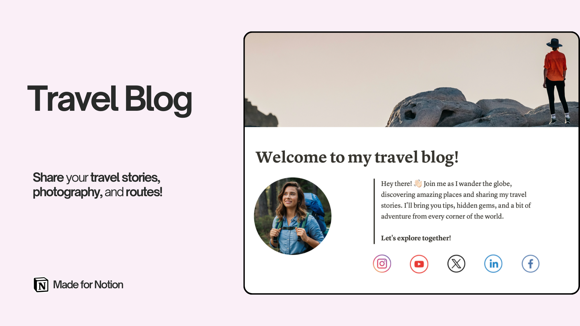 Share your travel experiences into captivating stories with this Travel Blog Notion template. Publish stories, itineraries, and travel tips effortlessly, enhanced by interactive maps and photo galleries. Seamlessly integrate social media updates to reach a global audience.