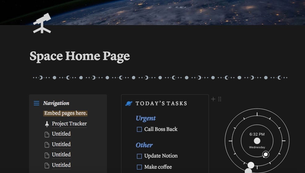 A sleek space-themed home page