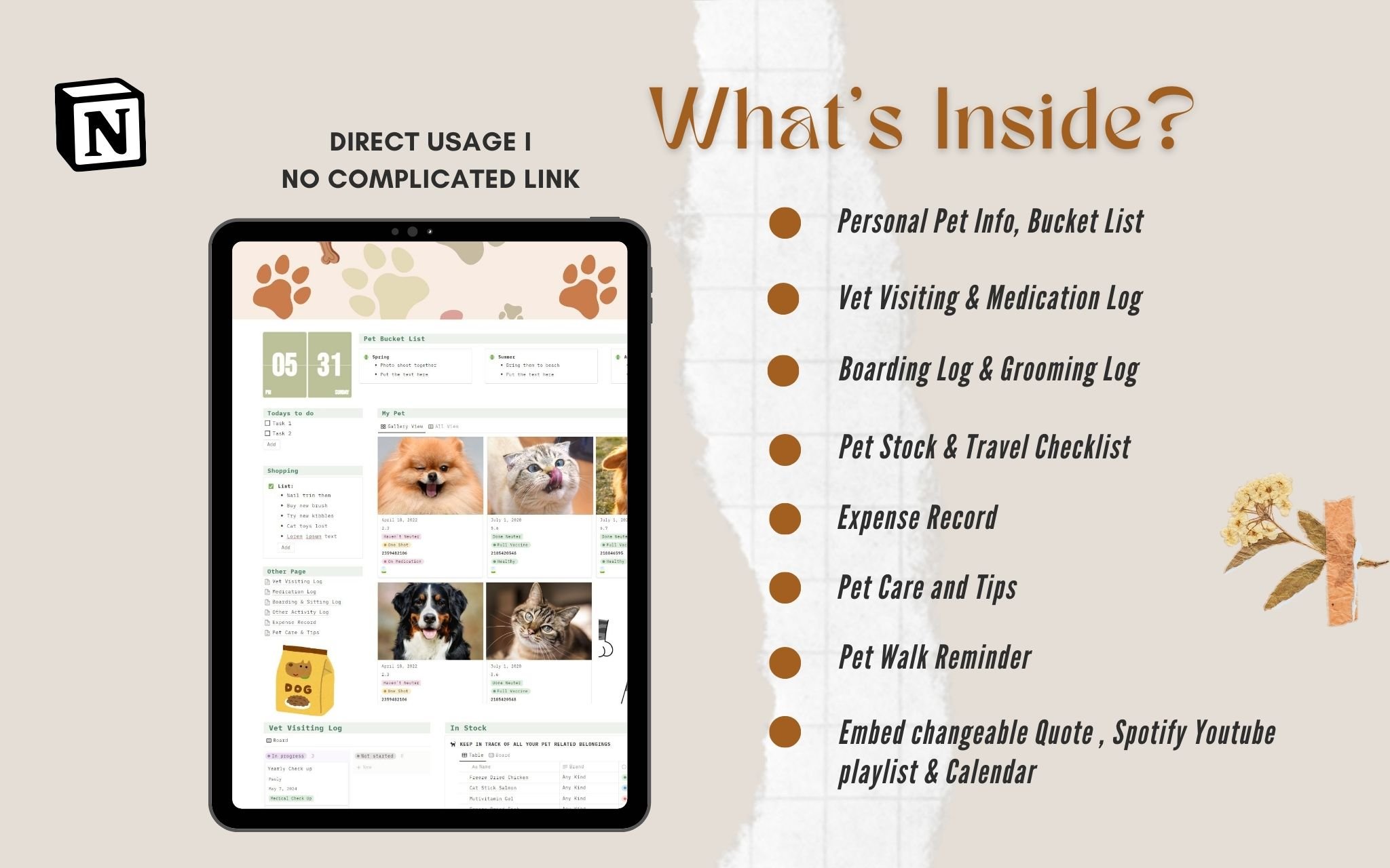 Your one-stop solution for organizing and managing every aspect of your pet's care for example tracking veterinary visits, medical records, dietary needs, physical activities, grooming schedules, and behavioral logs.
