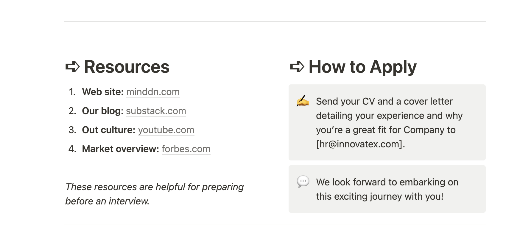 ✨ A convenient Notion template with the job descriptions candidates want. It covers key points to ensure you highlight the most important details. Just copy, add your specifics, and in 4 minutes, your job posting will be ready and appealing! 🚀