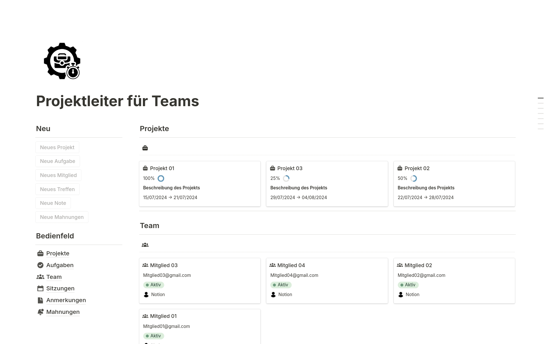 A template preview for Projektleiter für Teams