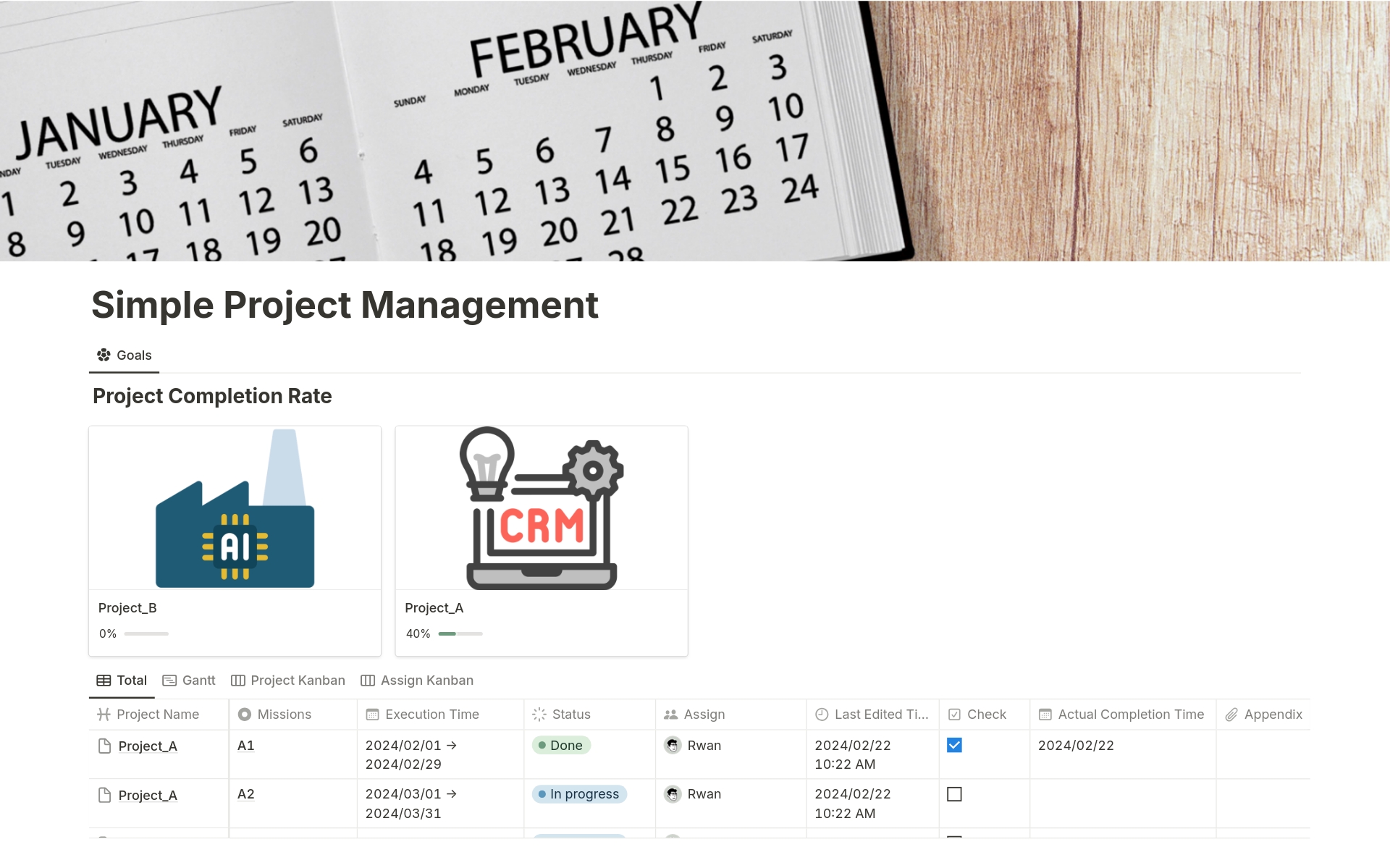 Vista previa de una plantilla para Simple Project Management