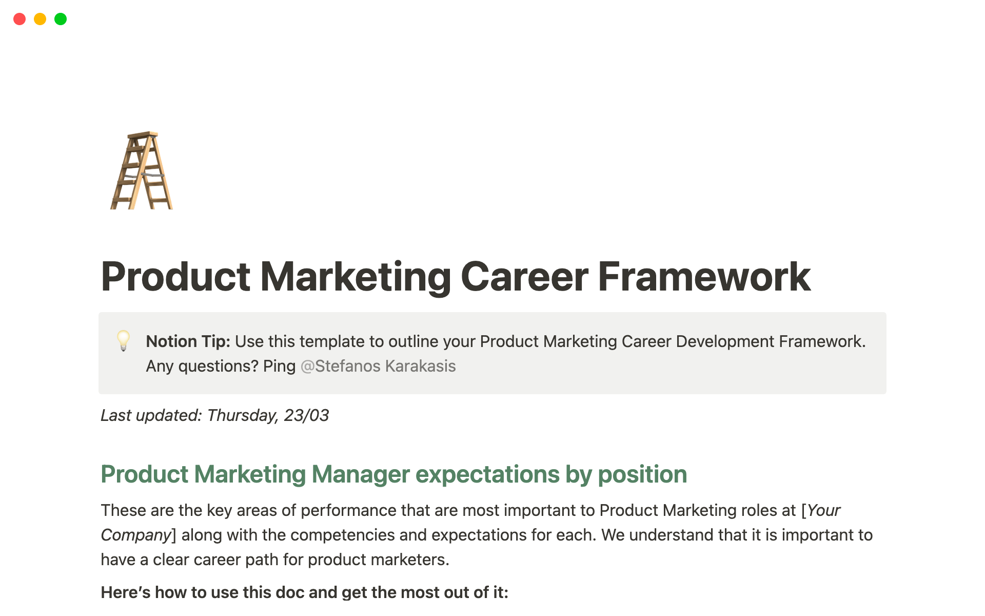 En forhåndsvisning av mal for Product Marketing Career Framework