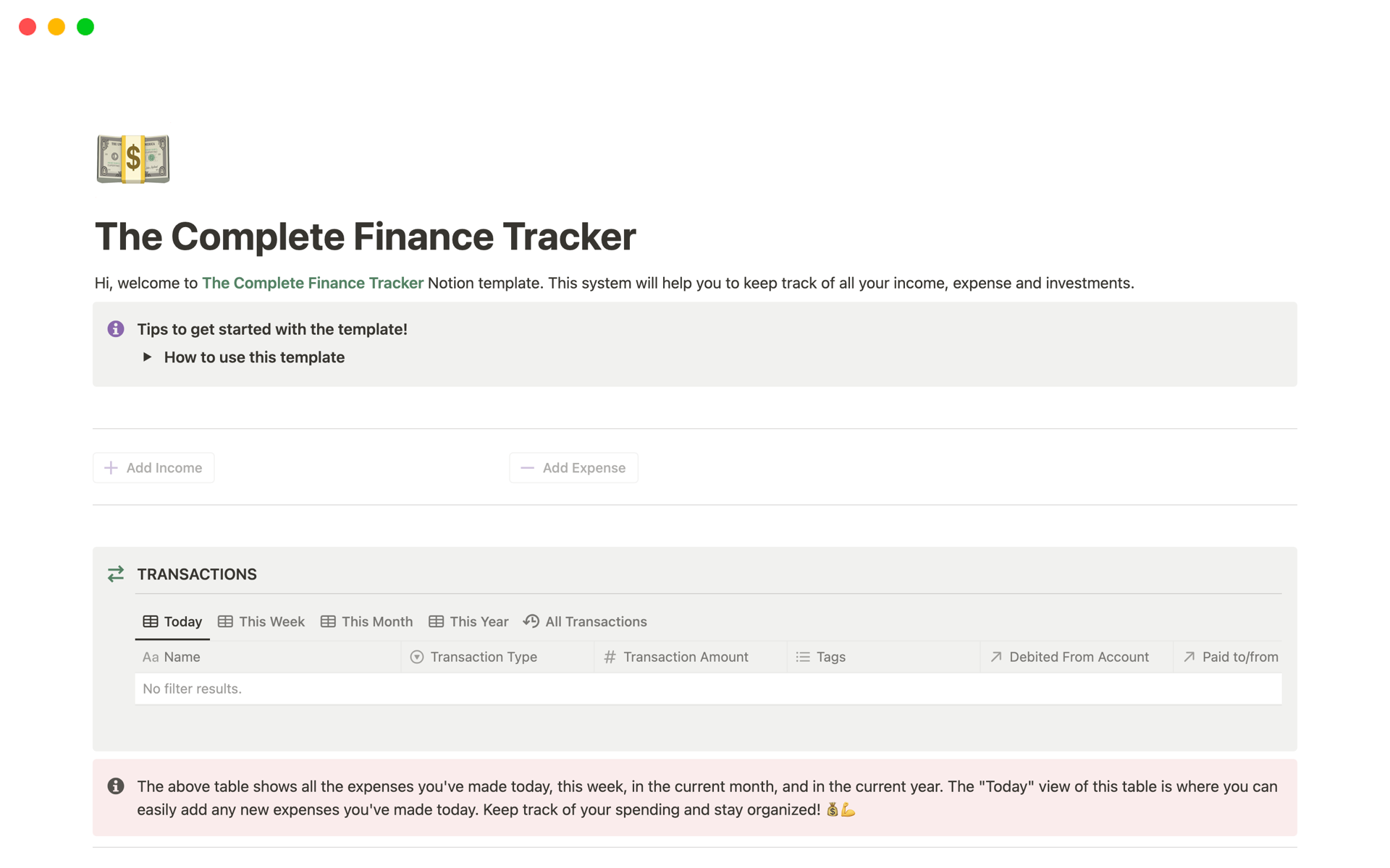 En forhåndsvisning av mal for The Complete Finance Tracker