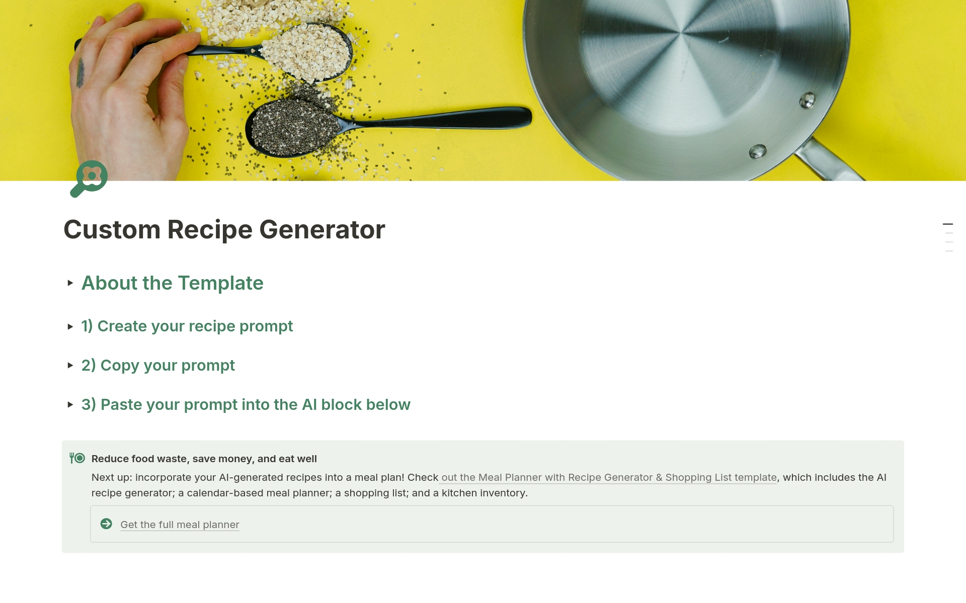 En forhåndsvisning av mal for Custom Recipe Generator