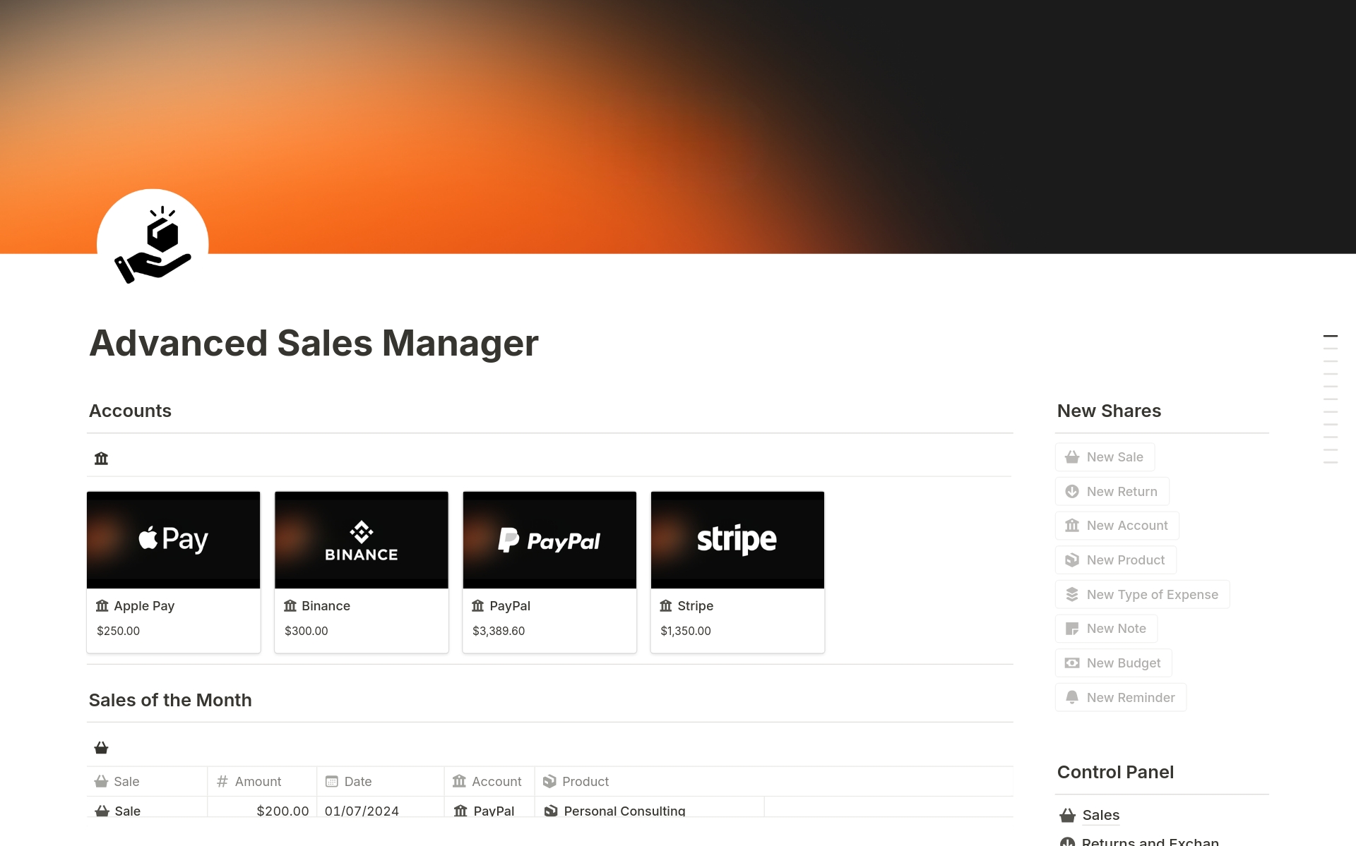 Boost your sales with our Advanced Sales Manager template in Notion. Ideal for sales and marketing teams.