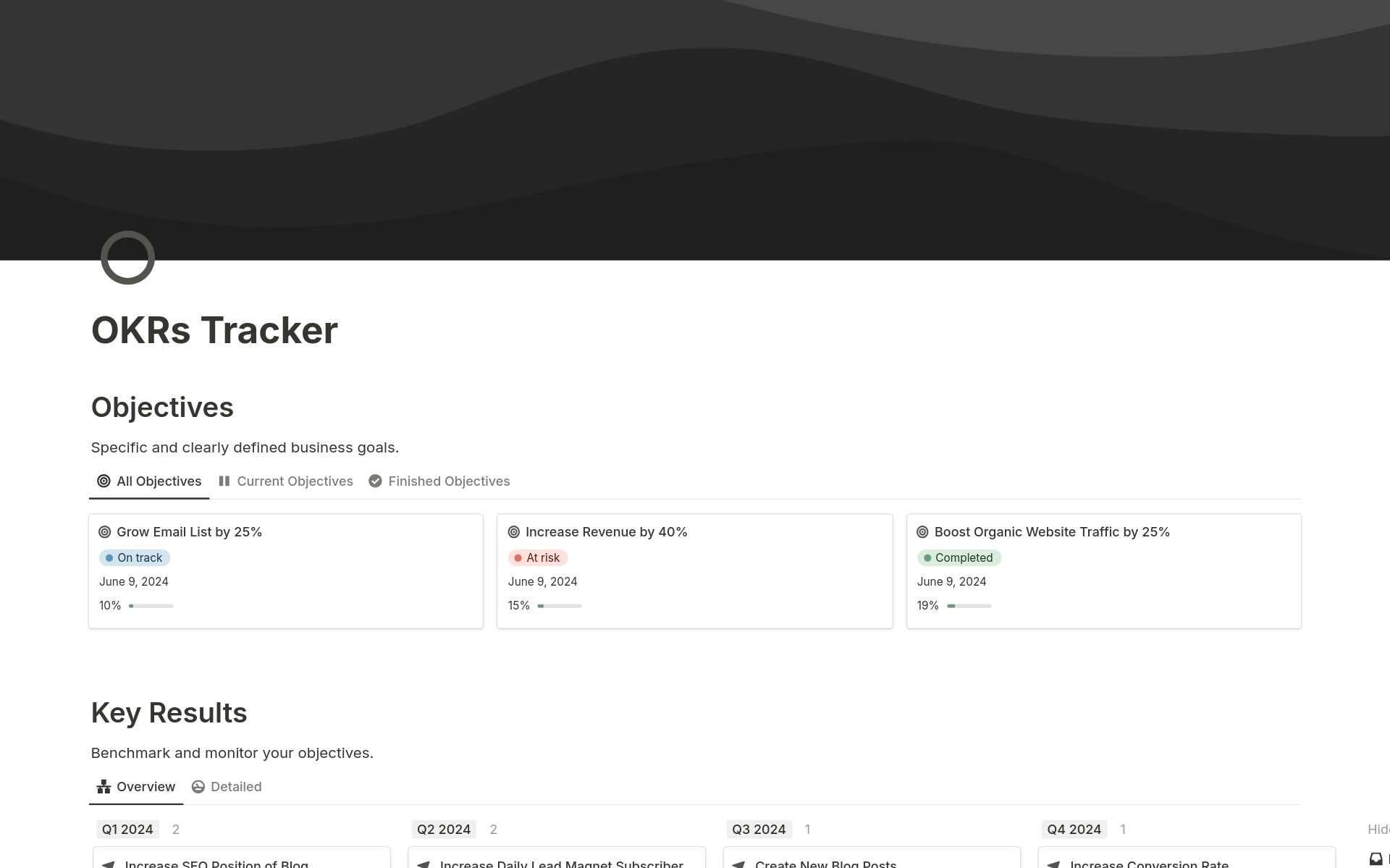 Achieve your objectives with this OKR-Tracker template! Effectively manage your Objectives and Key Results by setting clear, measurable goals and tracking progress in one place.