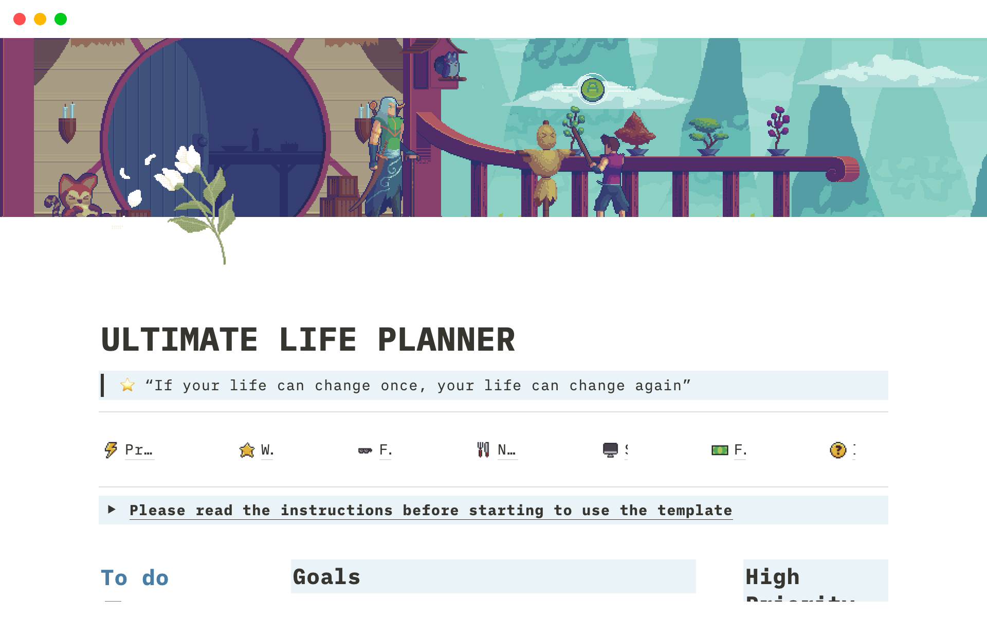 Vista previa de plantilla para Pixel Art Life Planner Notion Template