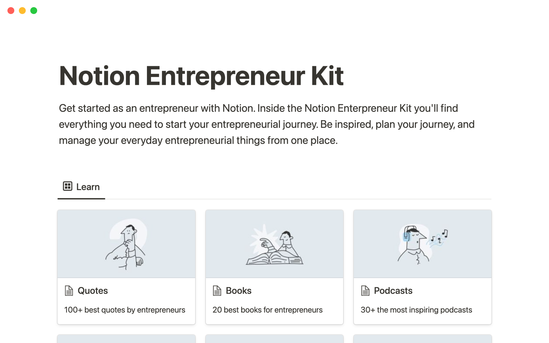 En forhåndsvisning av mal for Entrepreneur kit