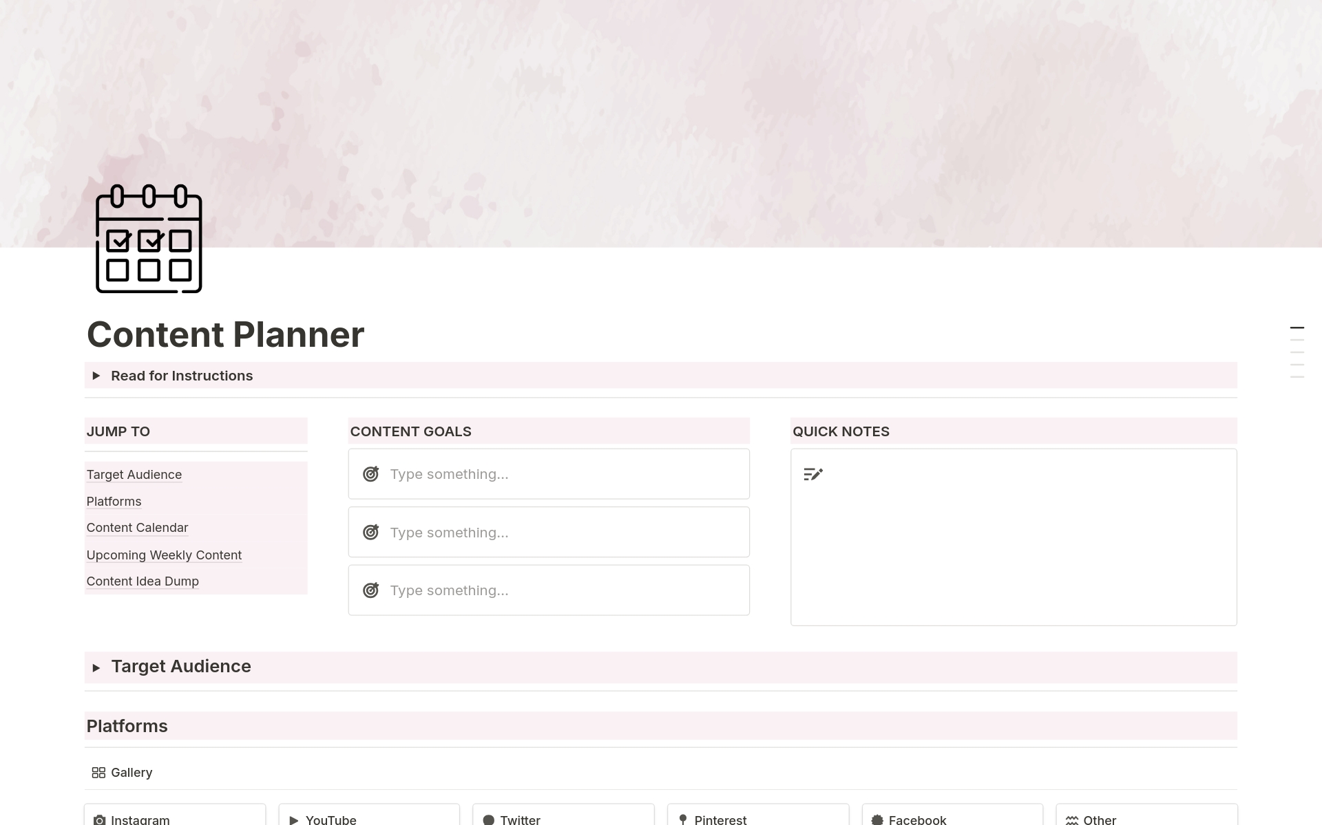 Easily plan all of your content in Notion! The Content Planner is a valuable tool for bloggers, digital content creators and social media managers. Stay organized and inspired with this comprehensive planner - brainstorm ideas, explore your audience and outline your posts. 
