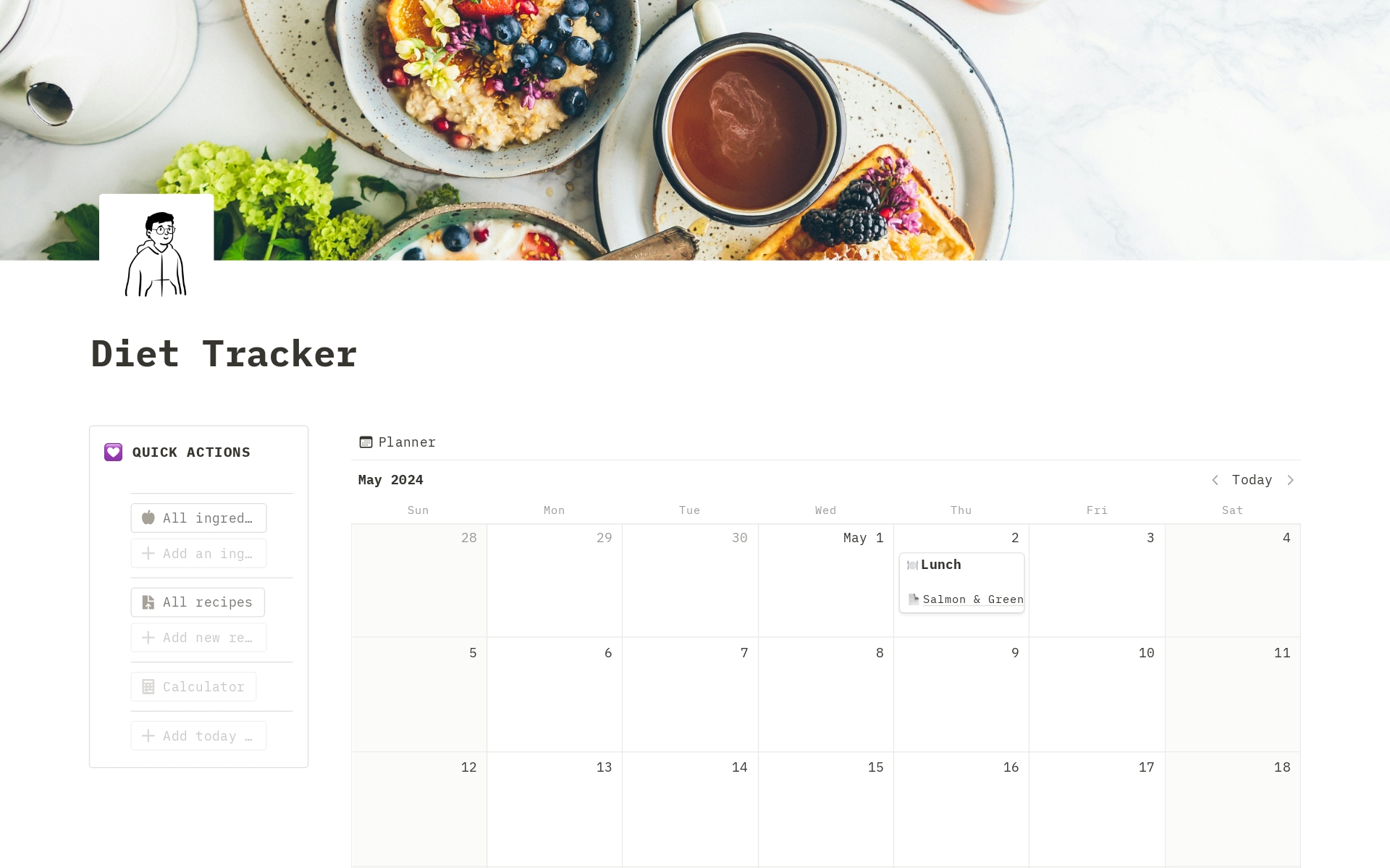A template preview for Diet Tracker