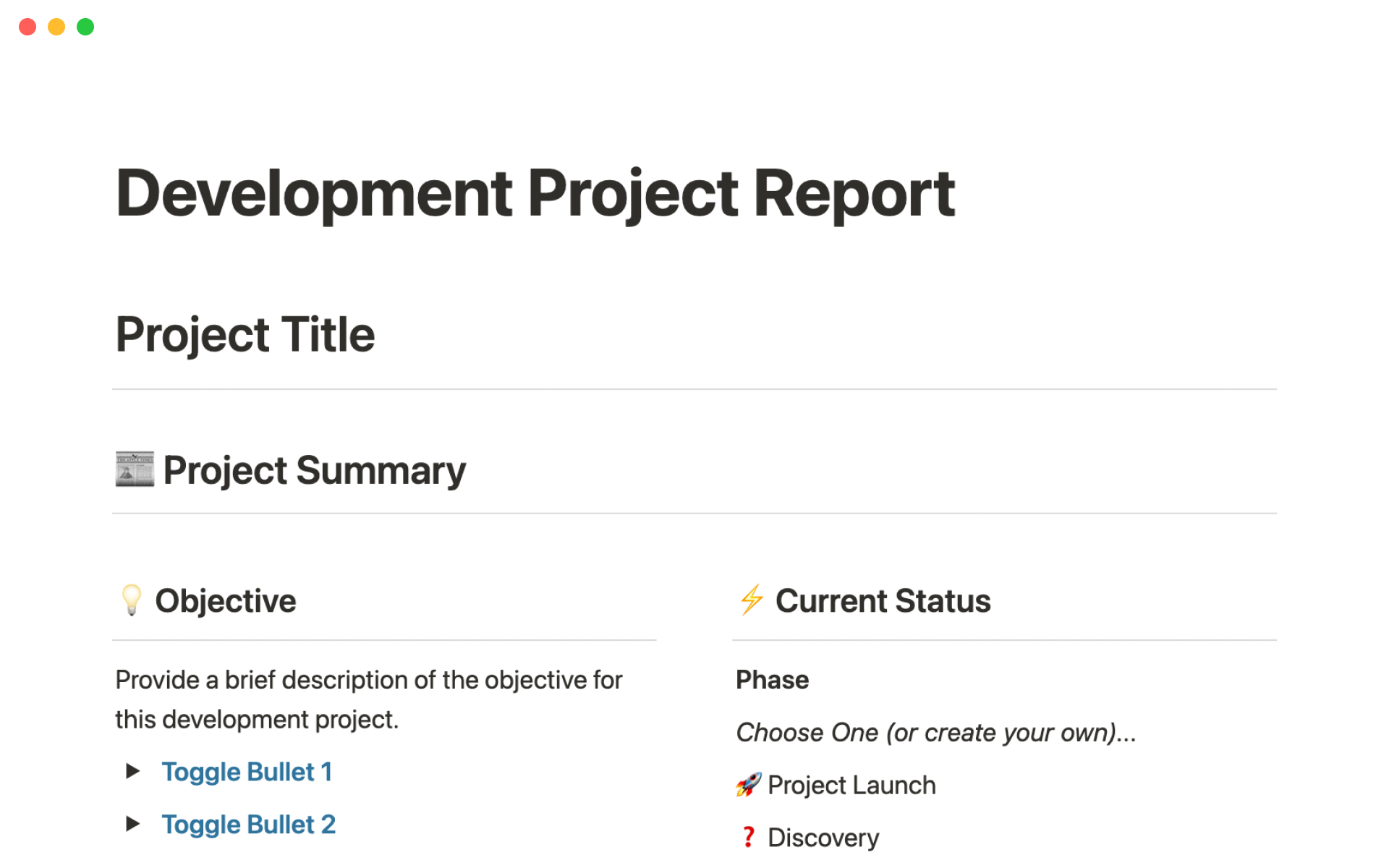 Uma prévia do modelo para Development project report