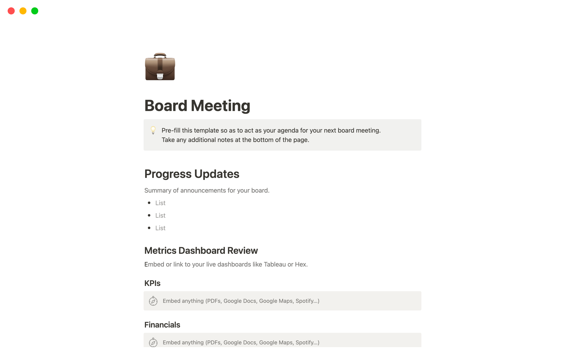 Vista previa de una plantilla para Board Meeting