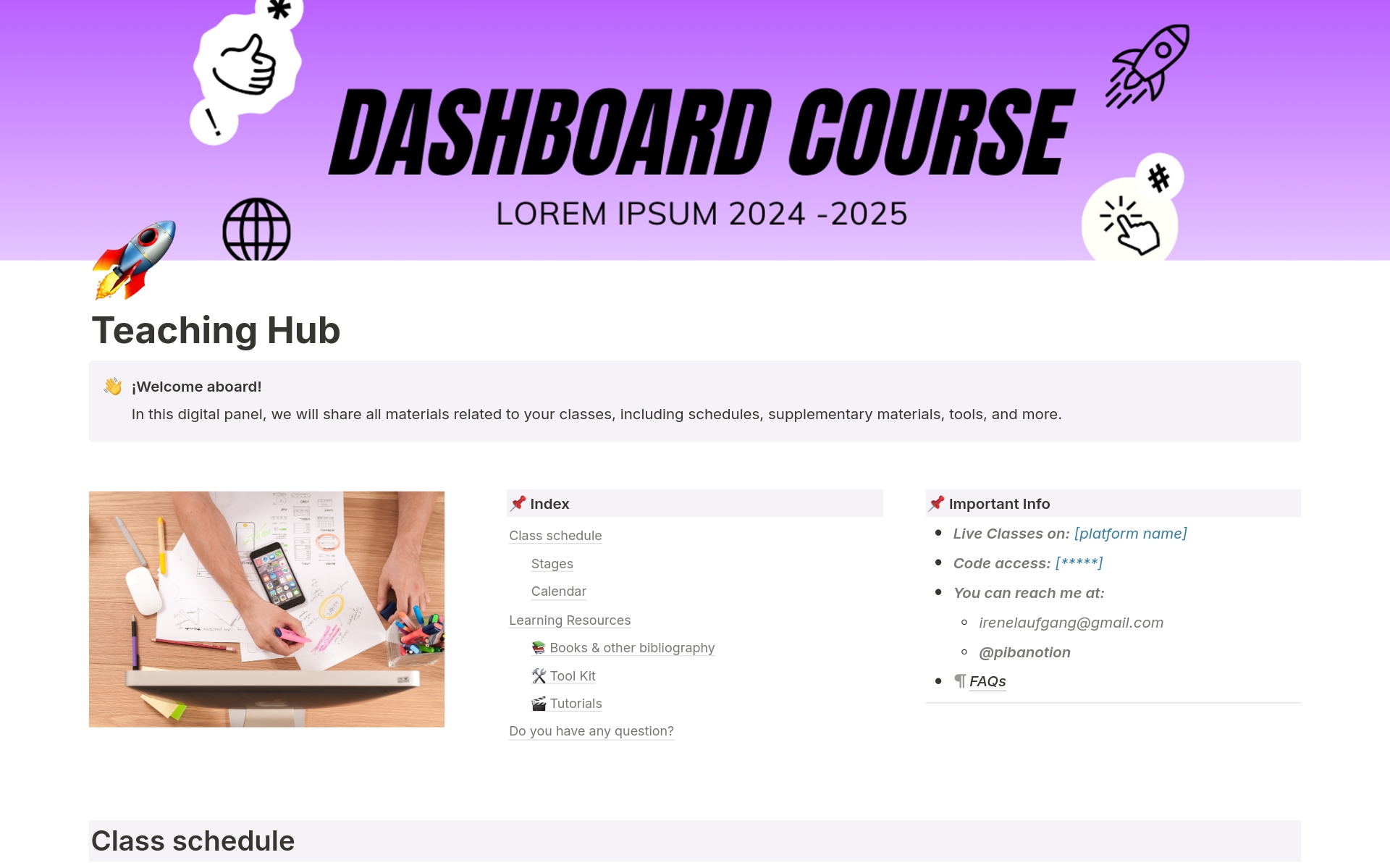 Vista previa de plantilla para Course Dashboard | Teaching Hub