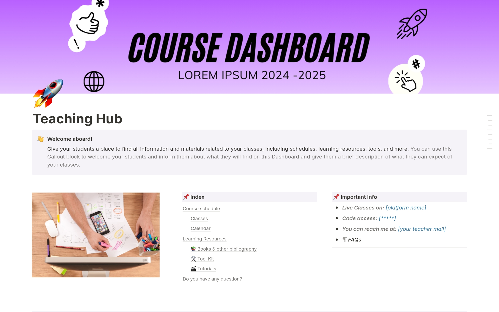 Streamline your teaching experience and maximize class time. 📚 This Online Classes Dashboard allows you to enhance efficiency in three key areas: Planning, Communication and Resource sharing with your students. Get started now and simplify your teaching experience! 🚀