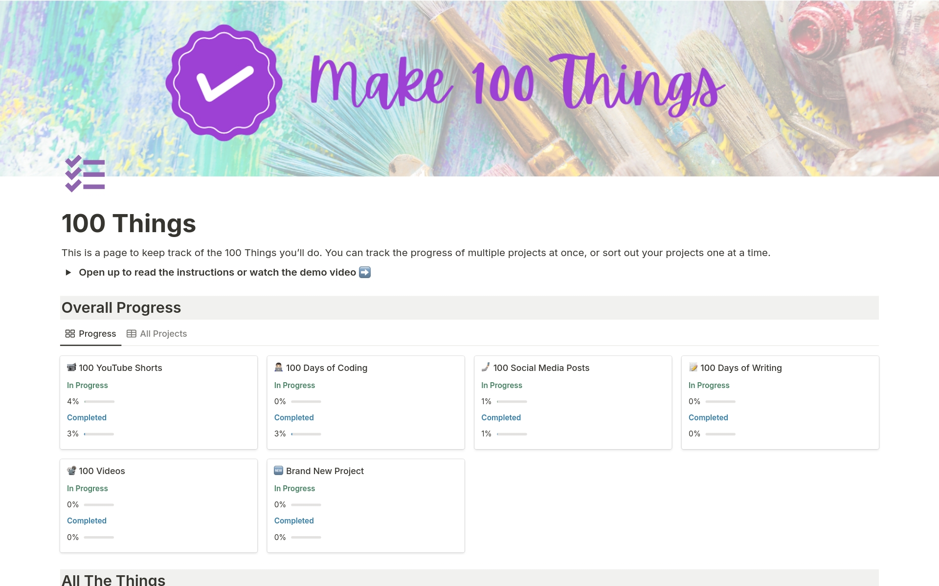 En förhandsgranskning av mallen för Make 100 Things