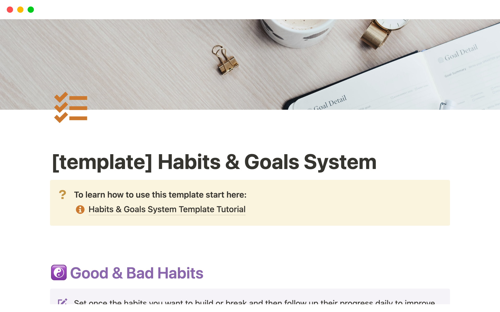 Vista previa de una plantilla para Habits & Goals System