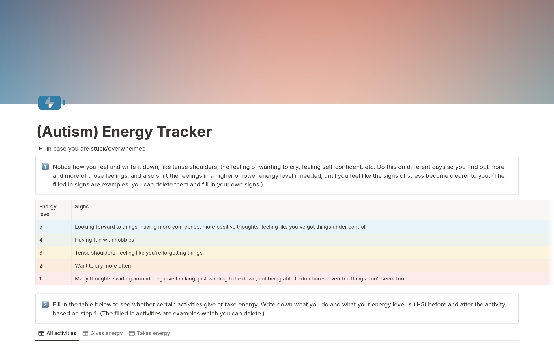 A worksheet to keep track of your energy level and maintain balance in your daily life. 