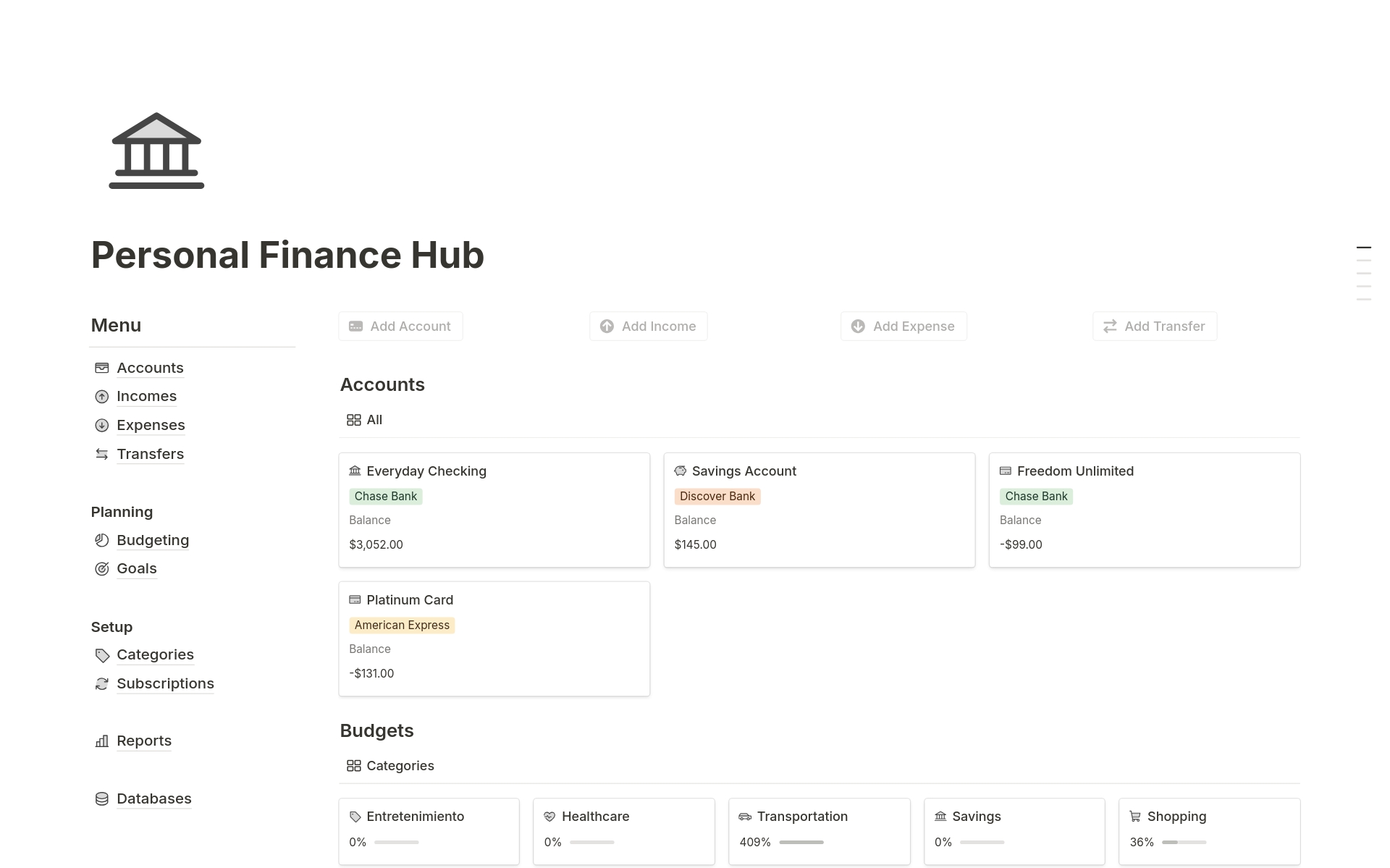 En förhandsgranskning av mallen för Personal Finance Hub