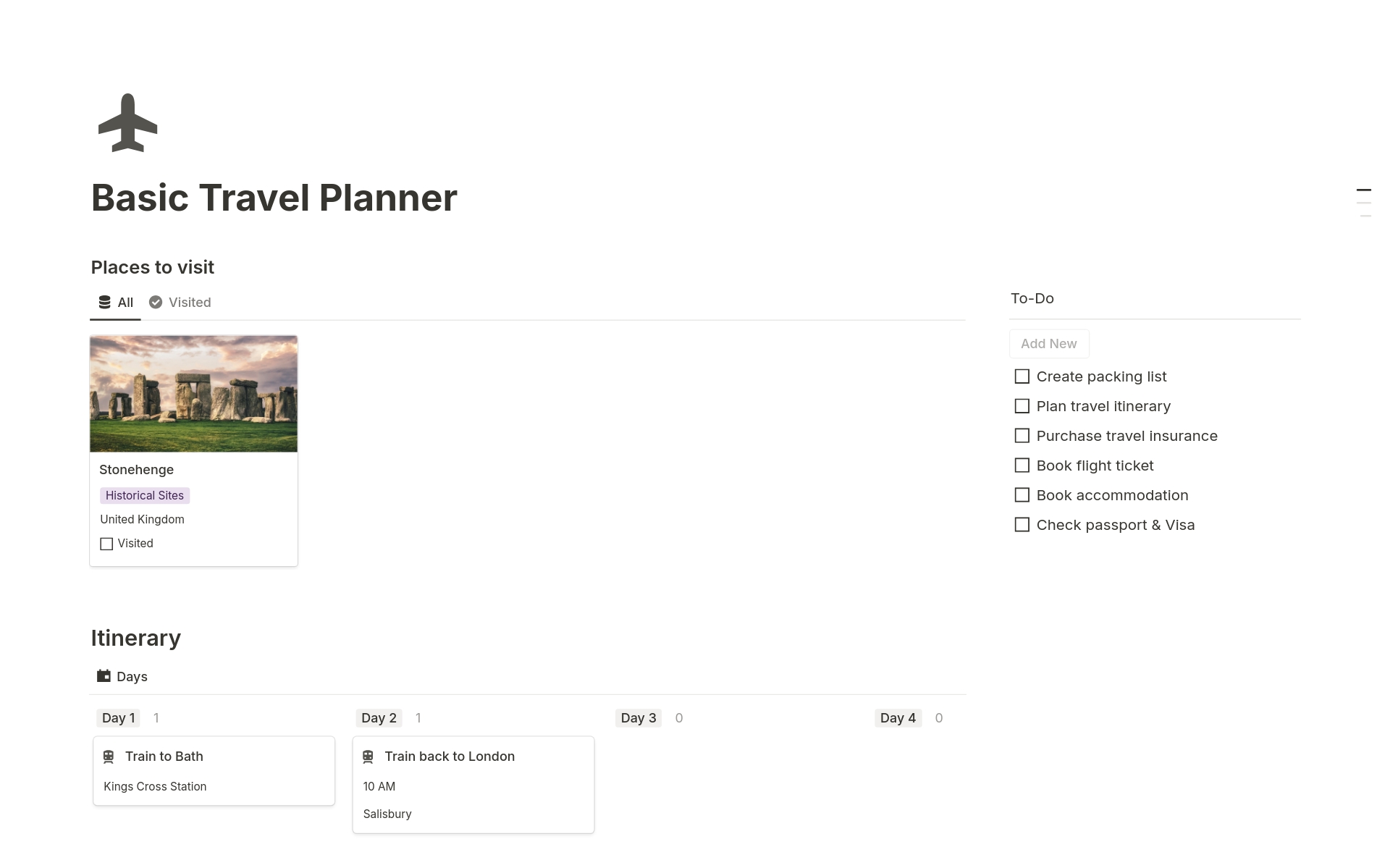 A template preview for Basic Travel Planner