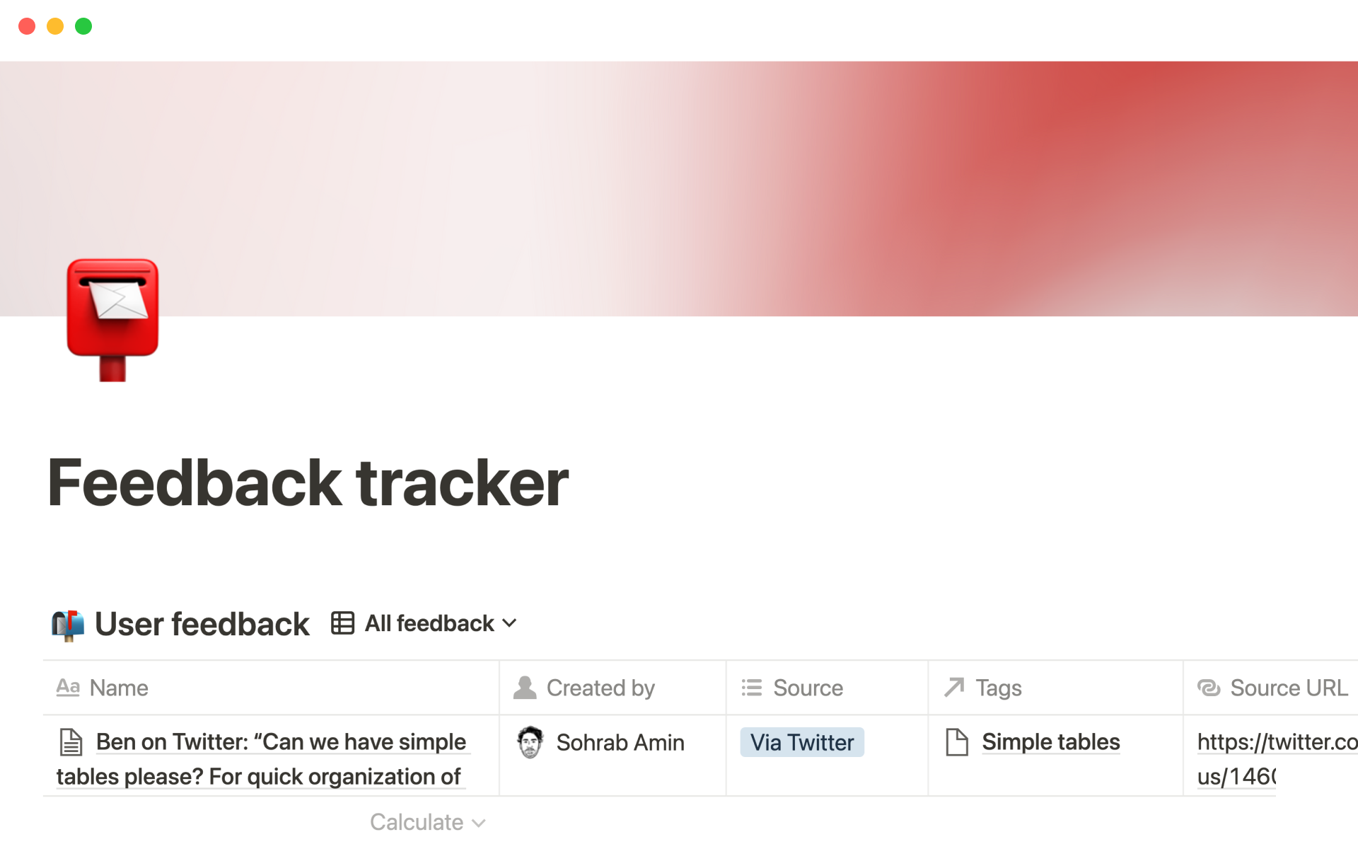 Mallin esikatselu nimelle Notion's feedback tracker