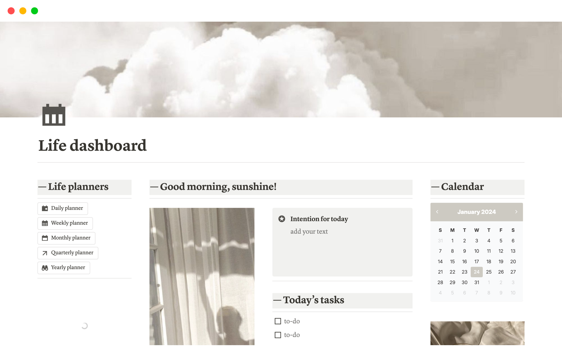 Vista previa de plantilla para Life dashboard