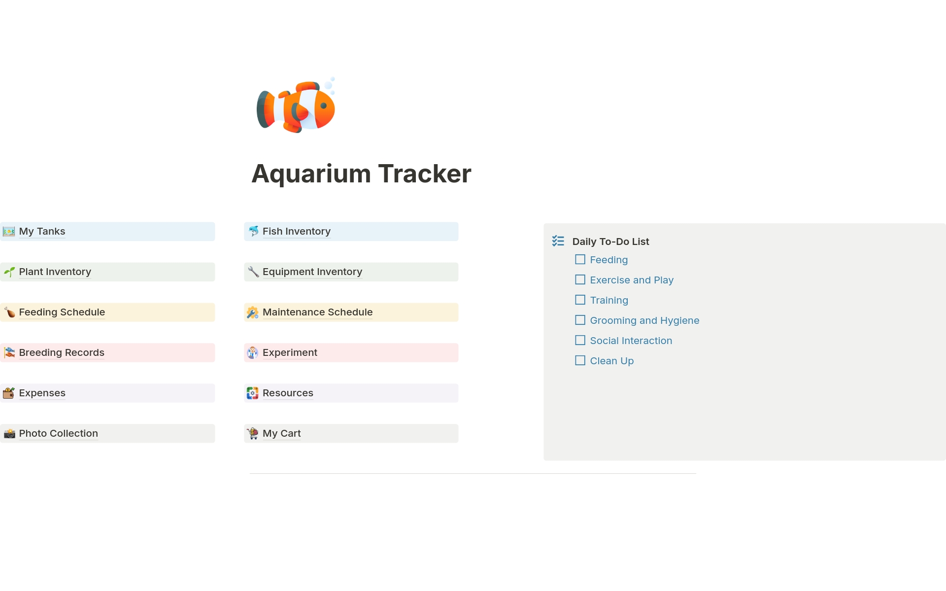 En förhandsgranskning av mallen för Aquarium Tracker