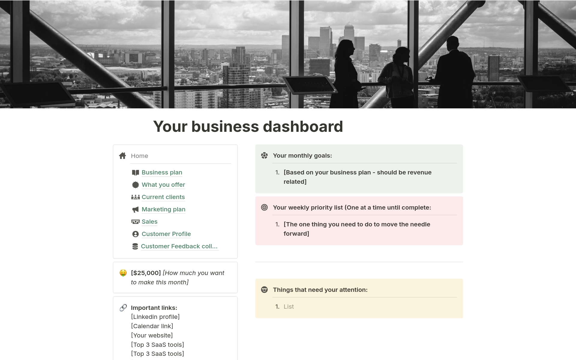 En förhandsgranskning av mallen för Your business dashboard