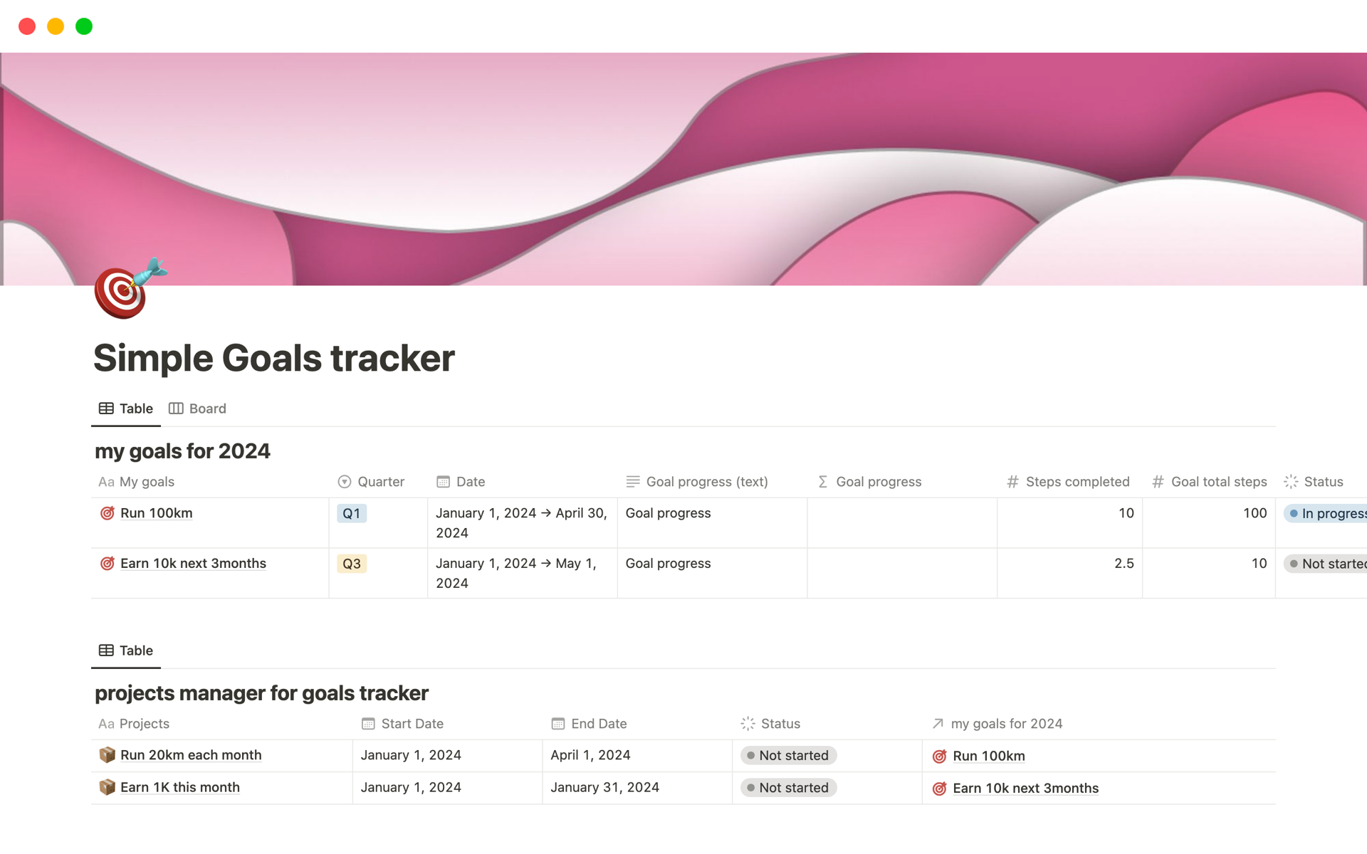En förhandsgranskning av mallen för Simple Goals tracker
