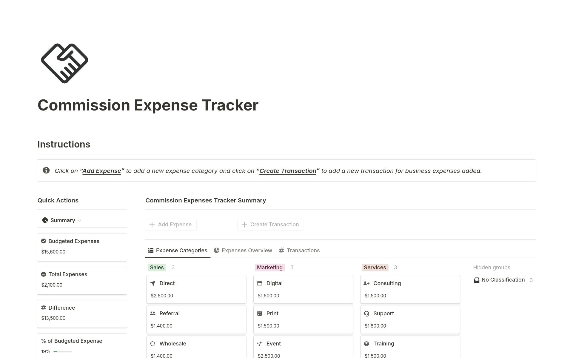A template preview for Commission Expense Tracker
