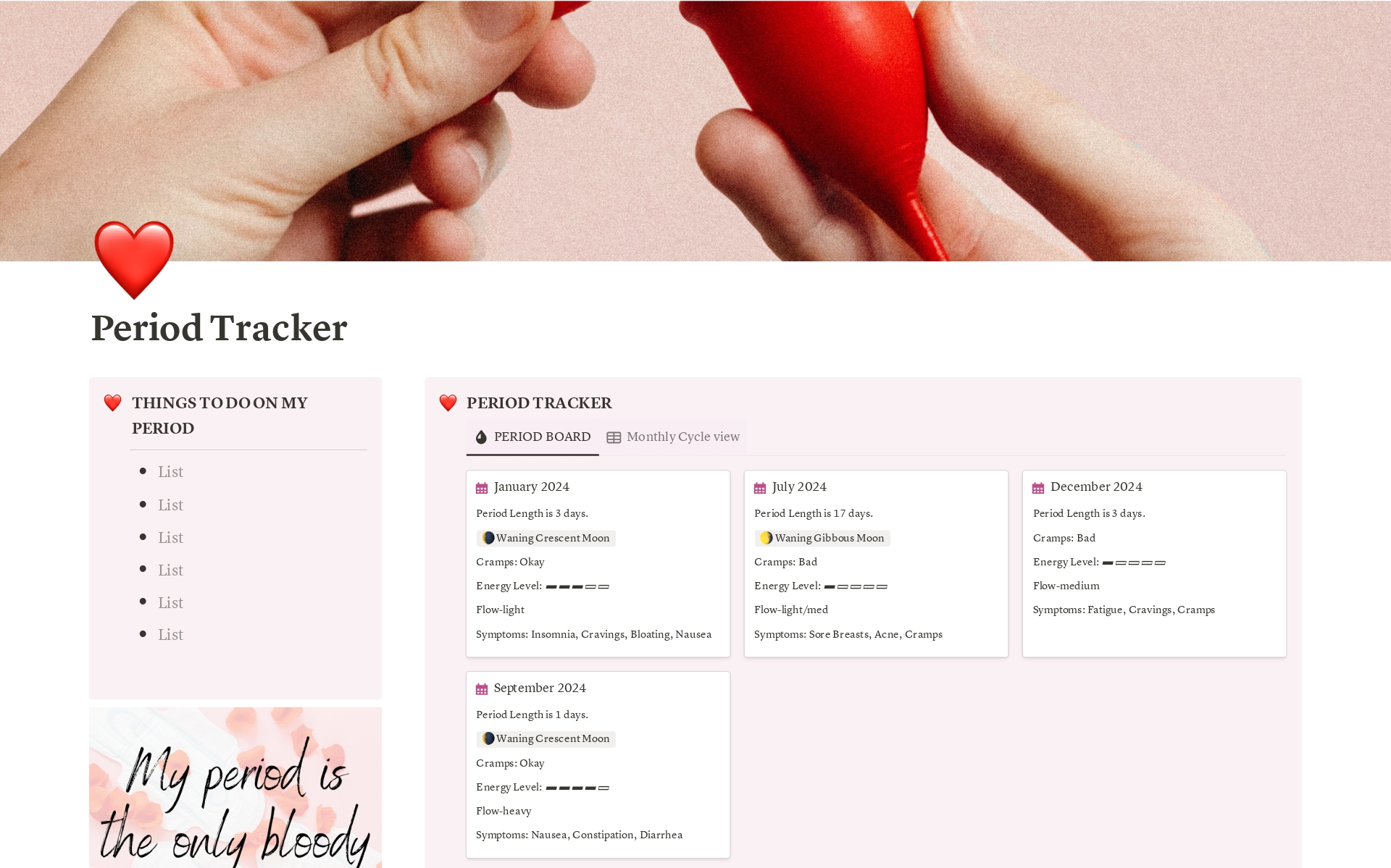 Stay in tune with your body using our Notion Period Tracker template! This user-friendly template is perfect for anyone looking to monitor their menstrual cycle with ease. It includes features to track your cycle dates, symptoms, moon phase & overall well-being. Whether your trac