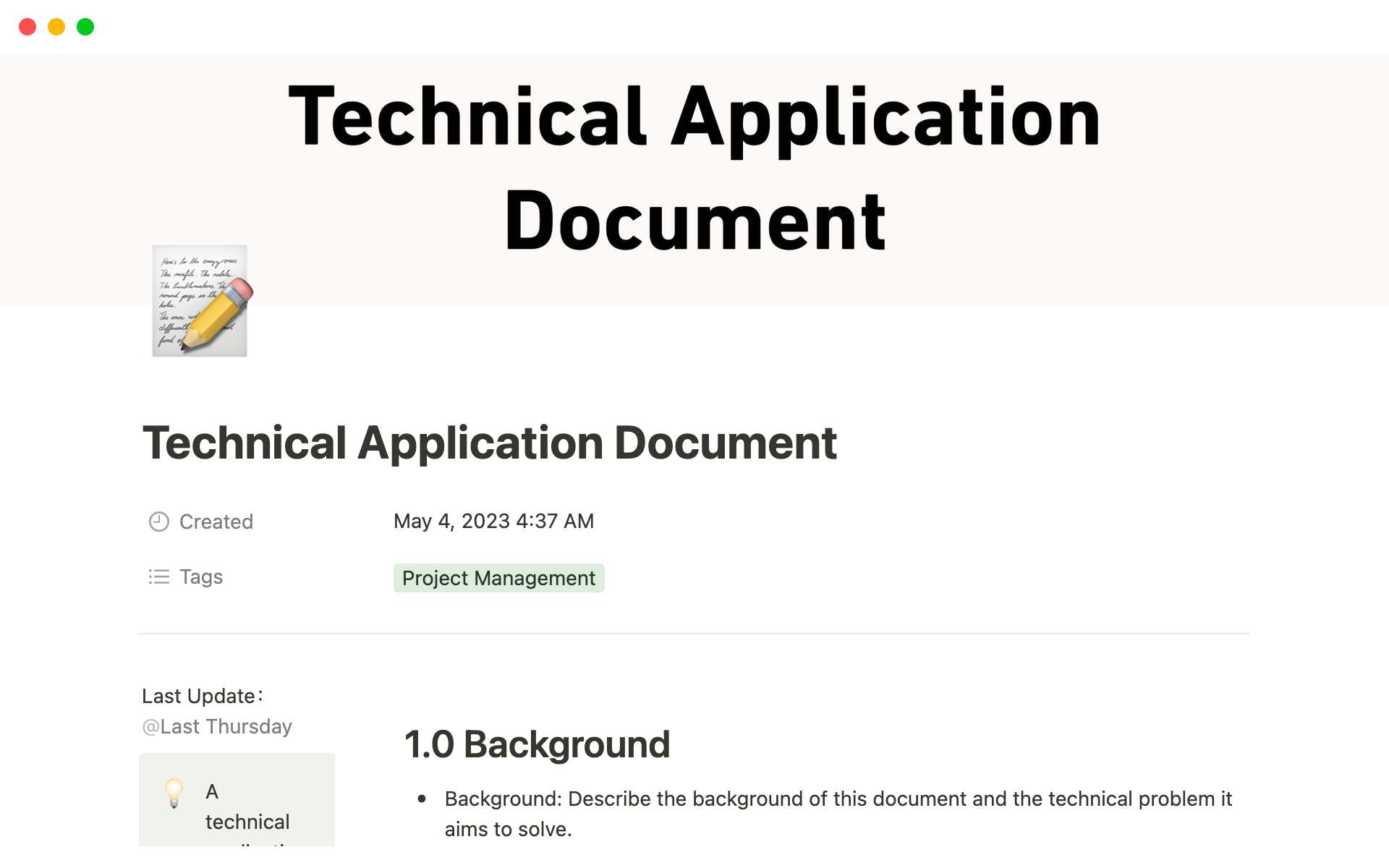 En forhåndsvisning av mal for Technical Application Document