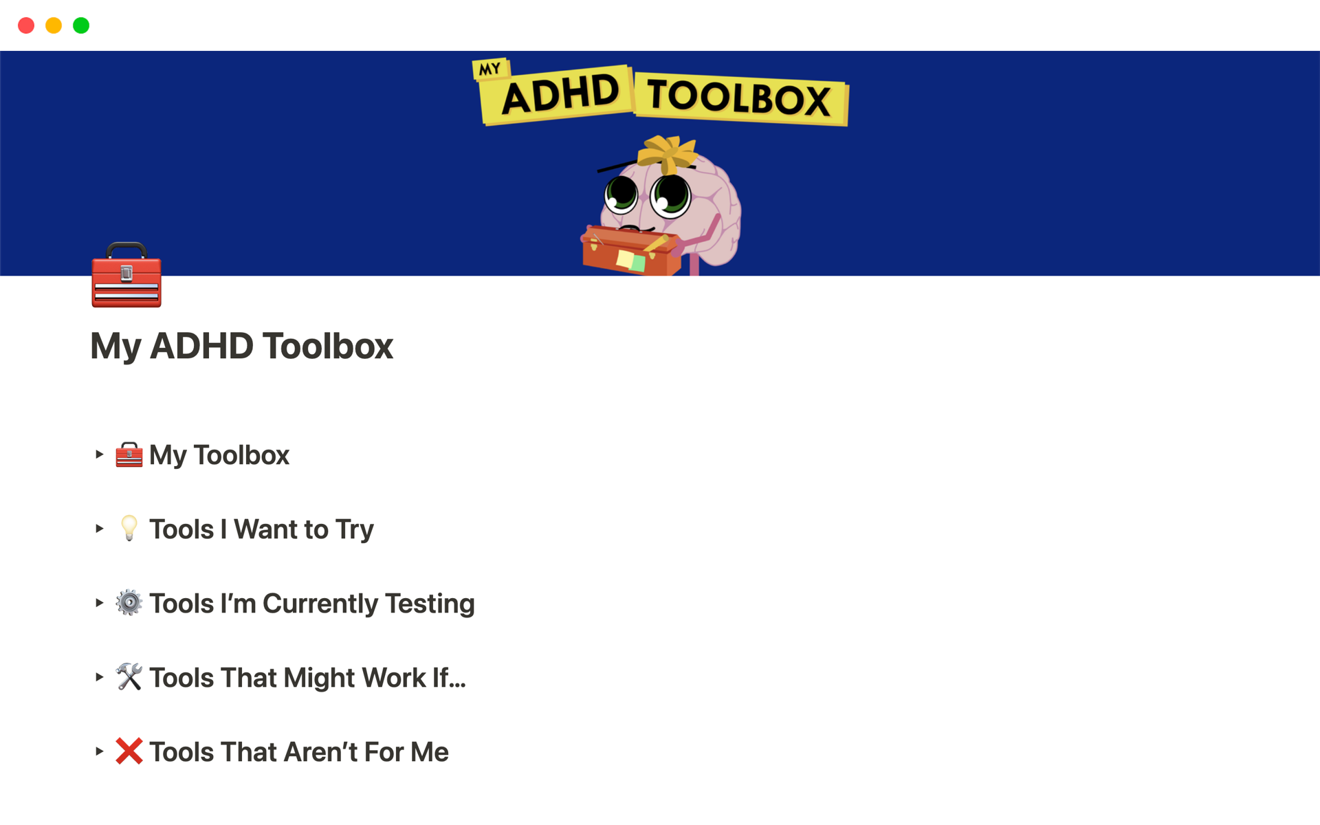 Aperçu du modèle de My ADHD Toolbox