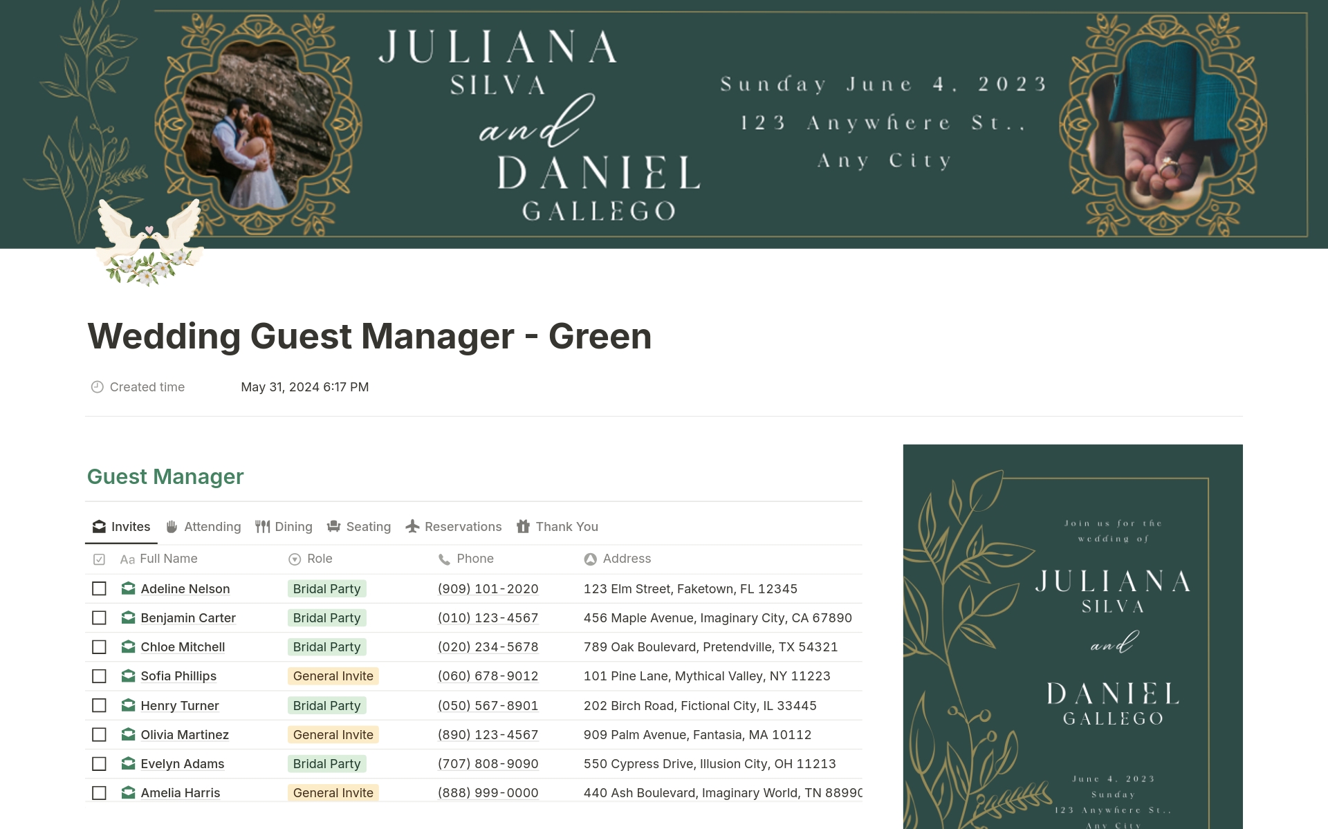 A template preview for Wedding Guest Manager Green & White Theme