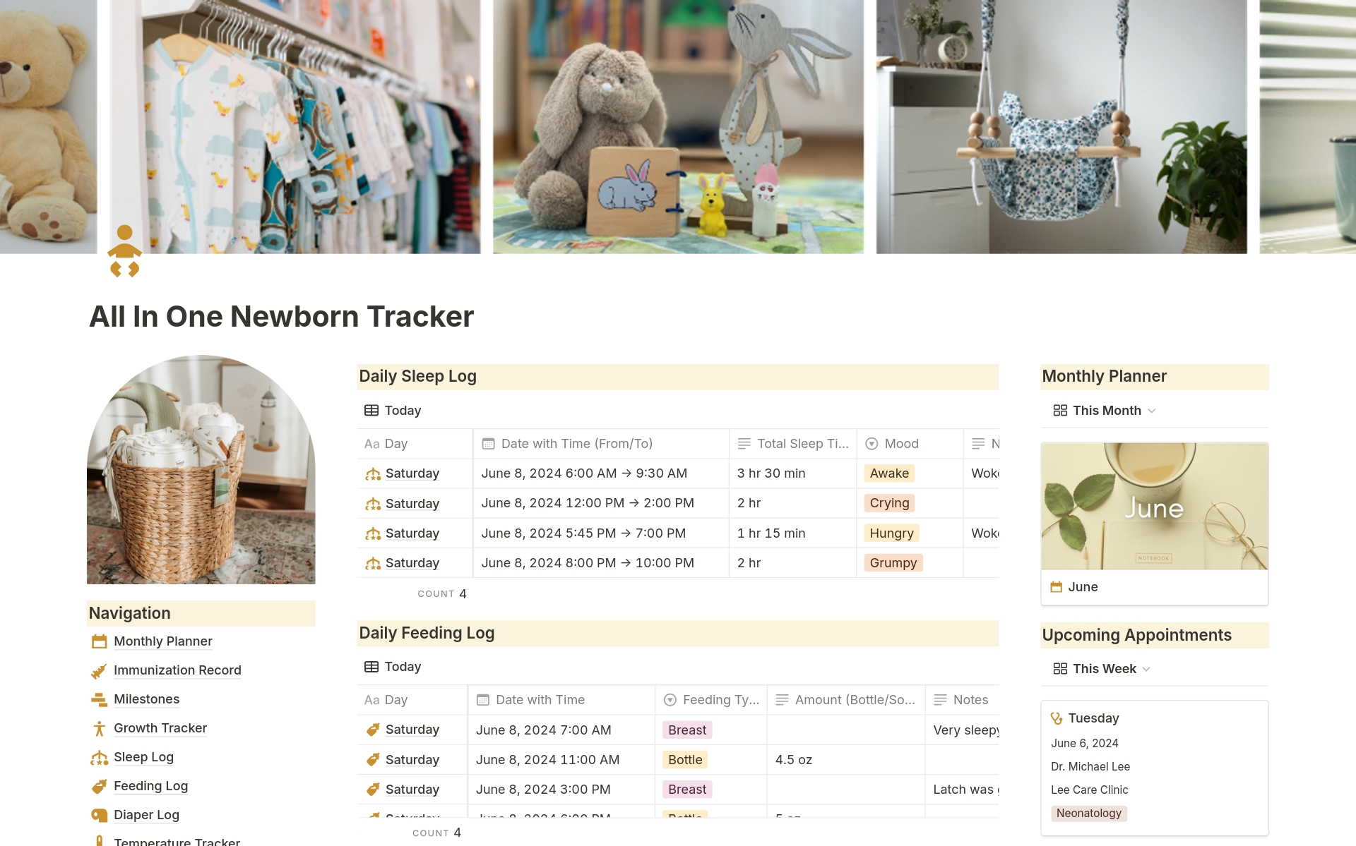 All in One Notion Newborn Tracker Template for Moms and Parents - Aesthetic New Baby Care Template for Daily Nursery Management. Simplify your newborn's routine with this comprehensive Notion baby tracker template.